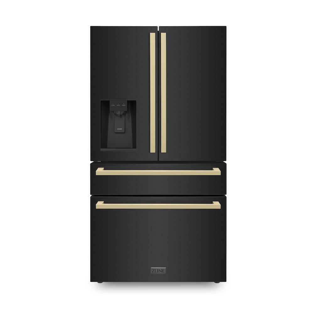 ZLINE Autograph Edition 36 Inch Counter Depth French Door Refrigerator - 21.6 cu ft Capacity, Fingerprint Resistant Black Stainless Steel with Champagne Bronze Handles, Built-in Water and Ice Dispenser | Perfect for Modern Kitchens, Open Concept Homes & Entertaining Spaces (Model RFMZ W36 BS FCB)