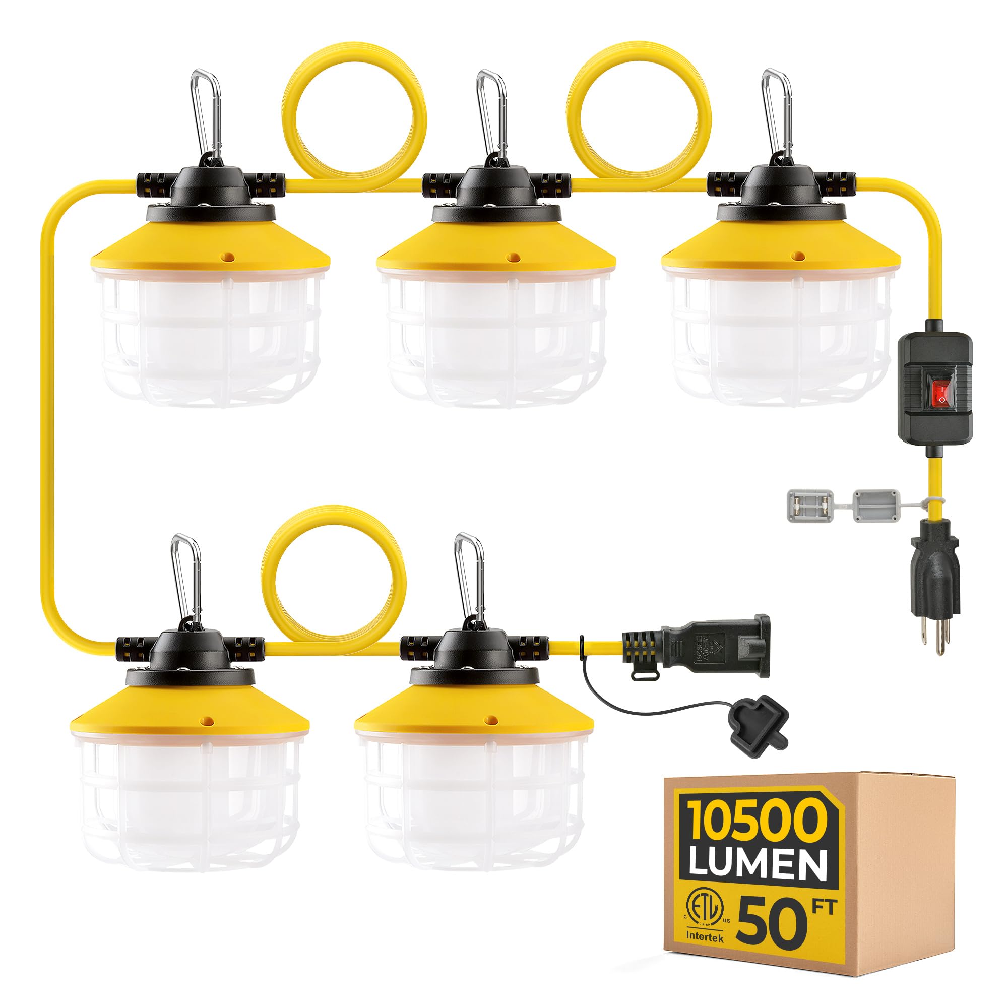 HYANGLUX 50FT Outdoor LED String Lights - 3 Prong with Switch, 75W 10500LM ETL Certified - Waterproof IP65 Construction Work Light for Jobsite, Garage, Attic - Perfect for Temporary Lighting, Backyard Parties, and Holiday Decorations