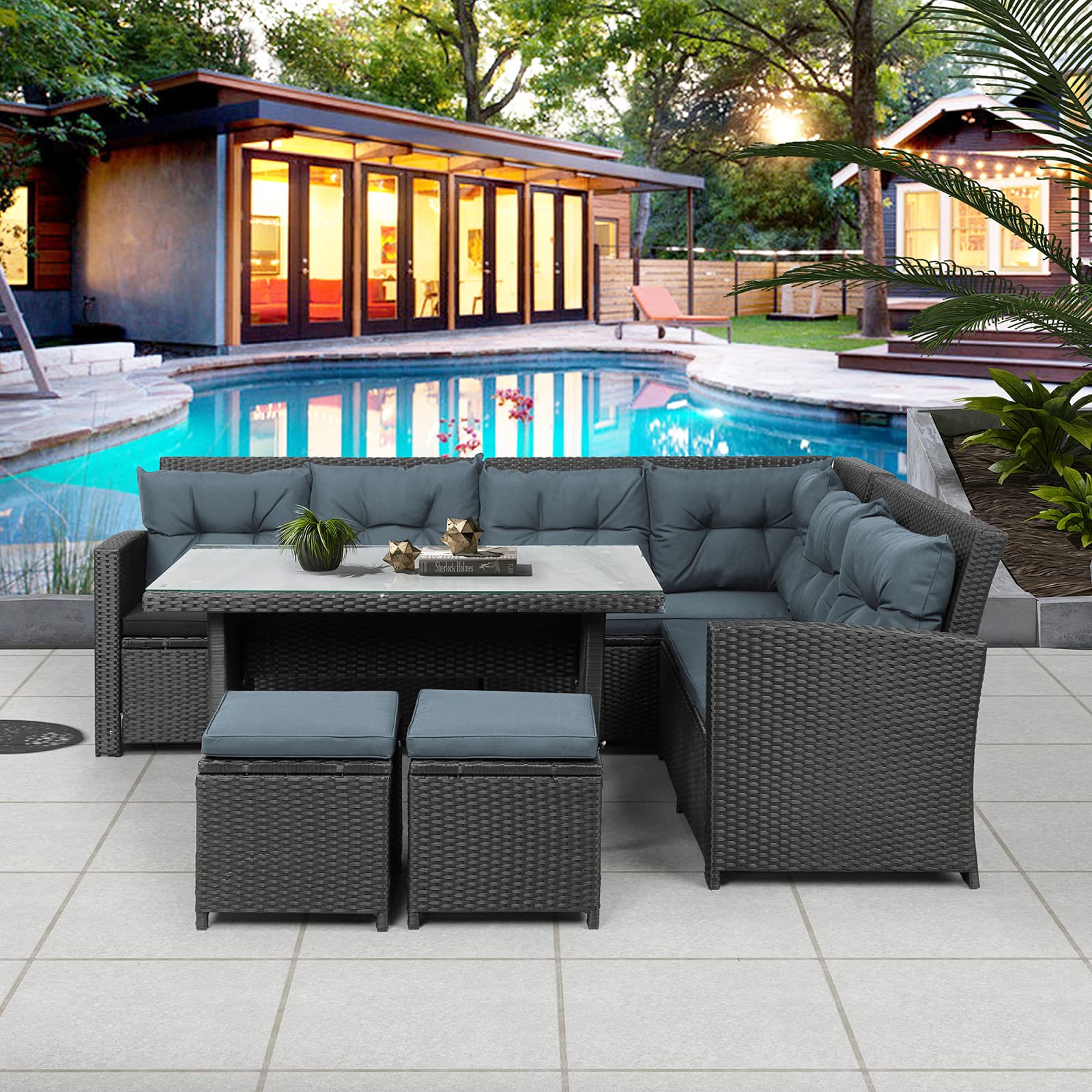 Lazyspace 6-Piece Outdoor Patio Furniture Set - Waterproof Wicker Sectional Sofa with Tempered Glass Coffee Table & Ottomans for Poolside, Backyard, Garden, Deck (Black) | Perfect for Relaxing, Entertaining & Lounging