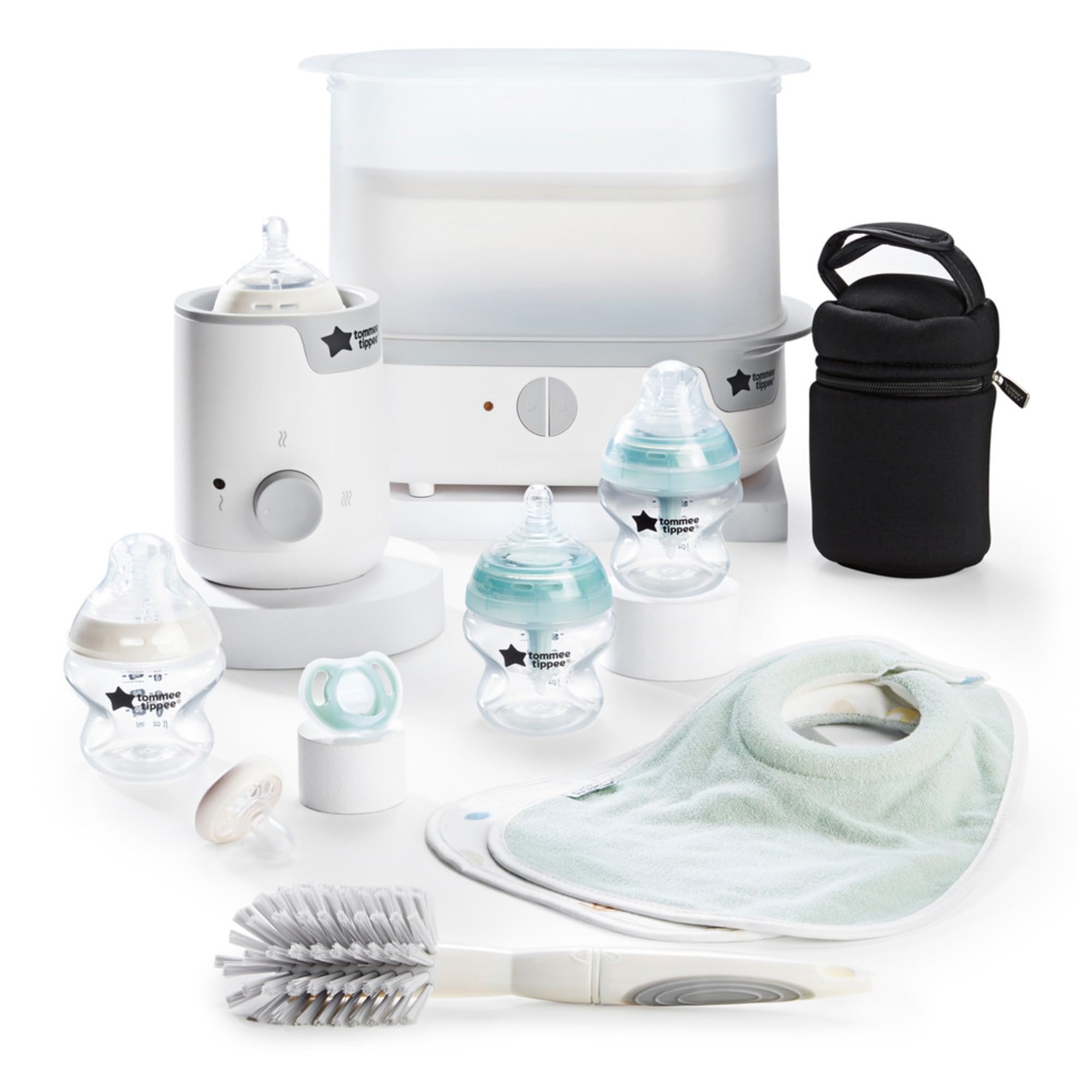 Tommee Tippee Complete Baby Feeding Set - Electric Steam Sterilizer, Insulated Bottle Bag, Self-Sterilizing Bottles & Bottle Warmer for Newborns (White) - Perfect for Home, Travel & Daycare Use