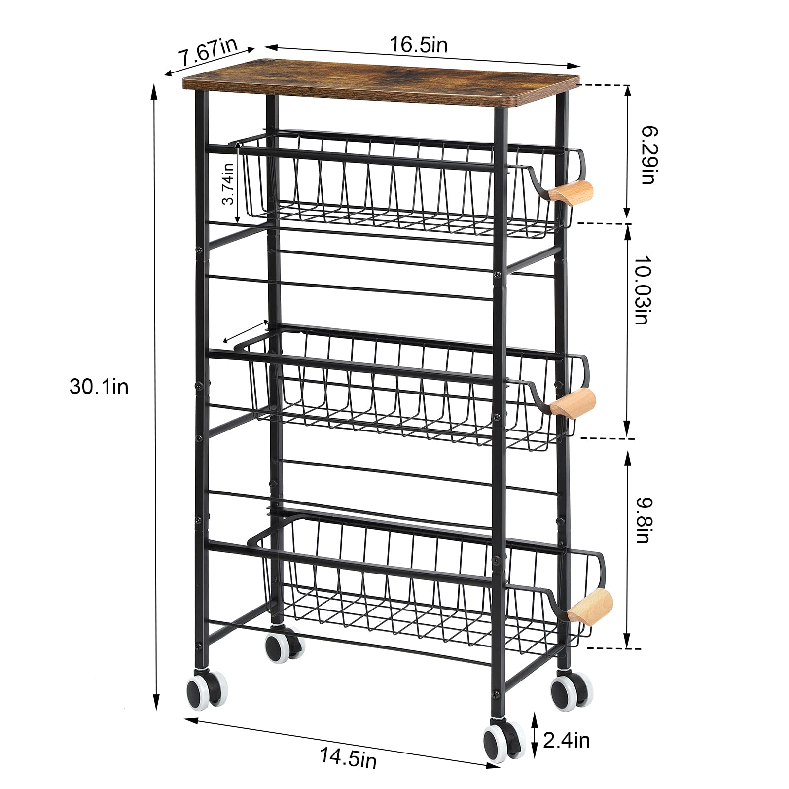 4-Tier Slim Rolling Storage Cart with Slide-Out Wire Baskets & Wooden Top - Narrow Kitchen Utility Cart with Wheels for Bathroom, Laundry, Kitchen - Perfect for Small Spaces, Apartments & Dorm Rooms