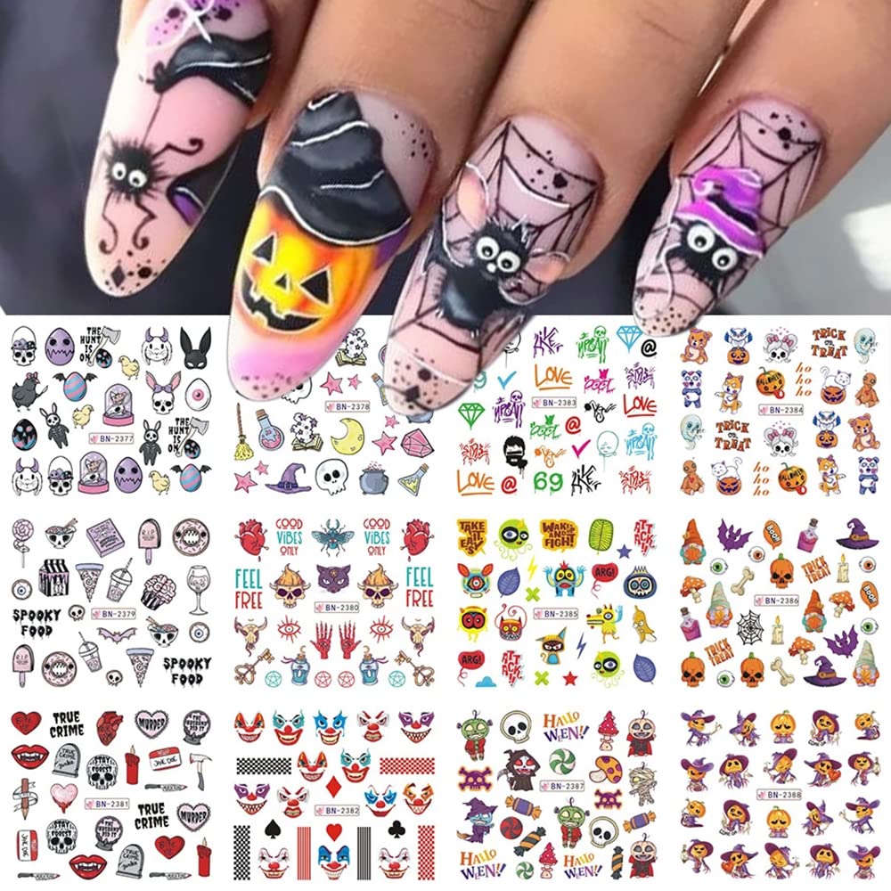 Halloween Nail Stickers - Day of The Dead Water Transfer Nail Decals with Skull, Ghost, Pumpkin & Witch Designs - 12 Sheets for Halloween Party Manicure & Nail Art Supplies - Perfect for Costume Parties, Trick or Treating & Spooky Nail Designs