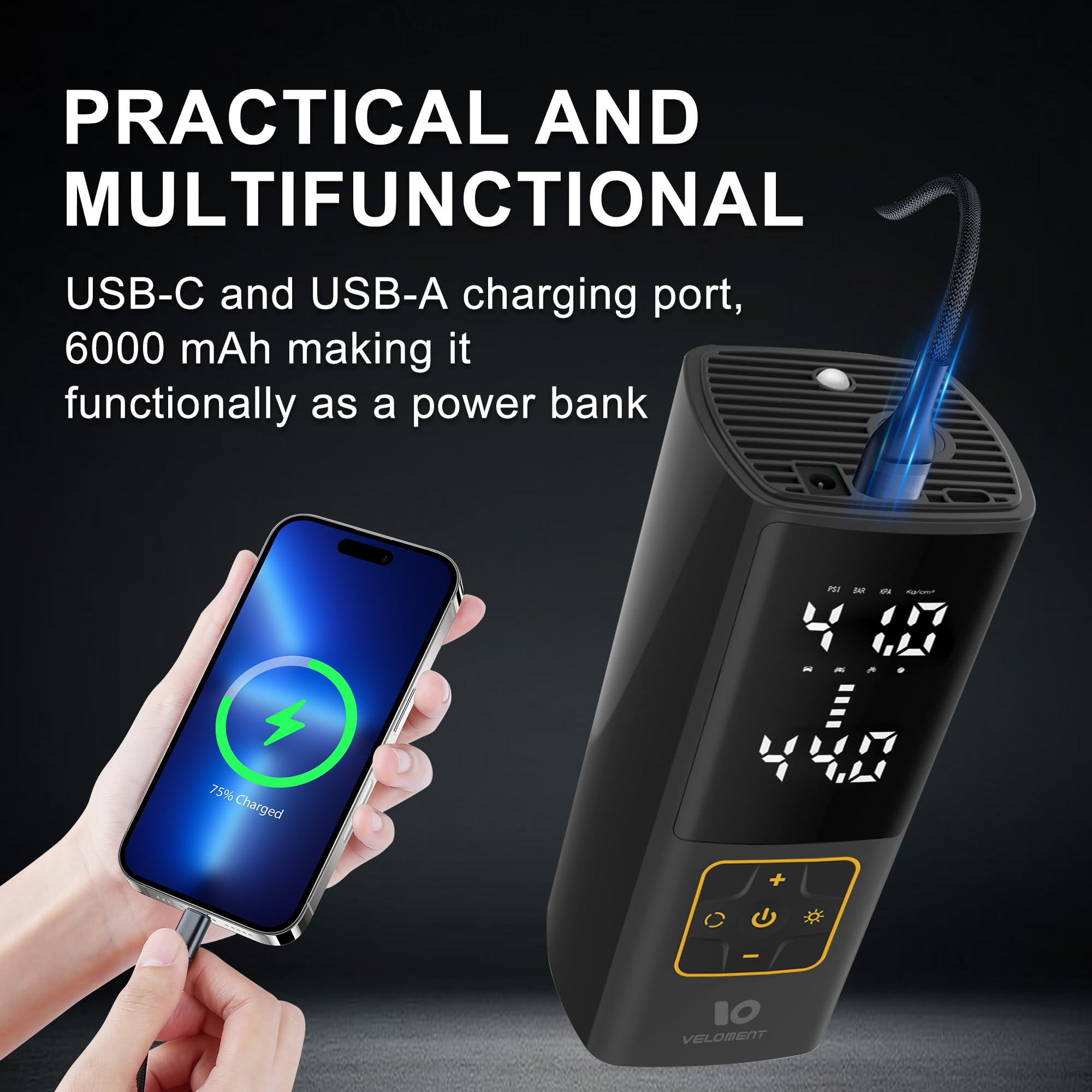 Portable Air Compressor for Car Tires - Digital Pressure Gauge, 3X Faster Inflation, Rechargeable Auto Air Pump for Cars, Motorcycles & Bikes - Includes LED Light & Power Bank - Perfect for Road Trips, Emergency Tire Inflation & Outdoor Adventures