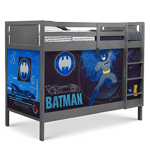 Delta Children Twin Over Twin Convertible Wooden Bunk Bed with Ladder & Safety Guardrails + Loft Bed Tent Curtain Set (Batman Theme, Charcoal) - Space-Saving Kids Bedroom Furniture for Small Rooms & Sleepovers