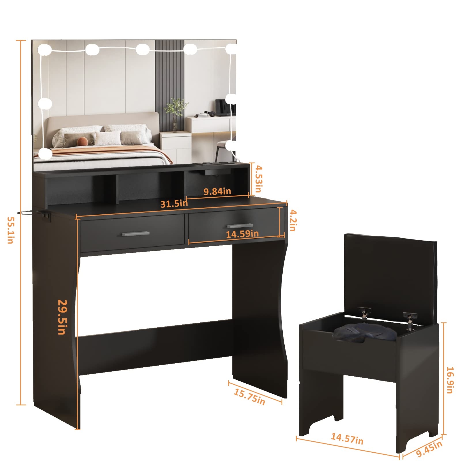 Vabches Makeup Vanity with LED Lighted Mirror & Power Outlet - Adjustable Brightness, 3 Lighting Colors, White Vanity Desk Set (31.5