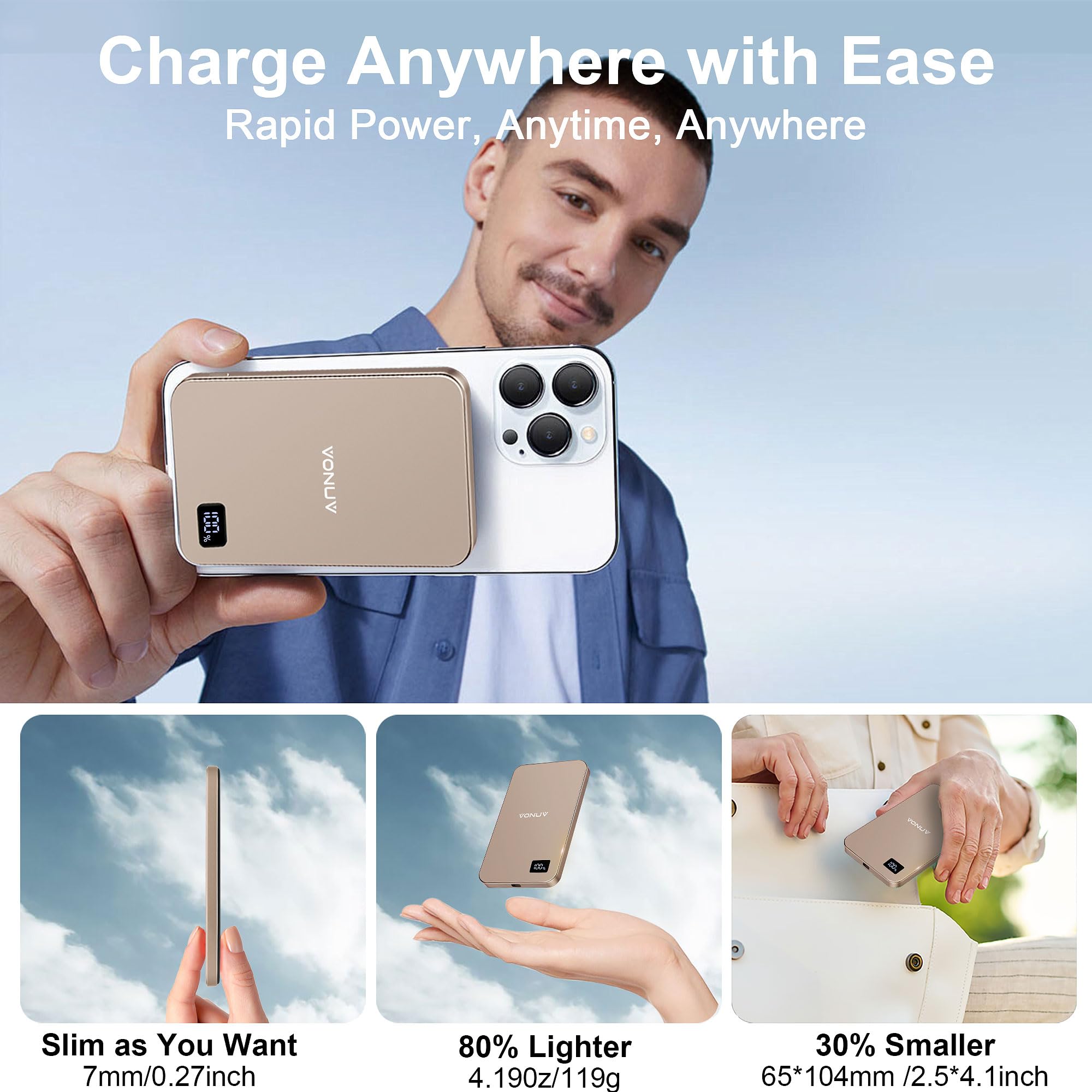 5000mAh Magnetic Wireless Portable Charger - 15W Ultra Slim Fast Charging Power Bank for iPhone 16/15/14/13/12 Pro/Pro Max/Plus - Metal Shell with USB-C Cable - Perfect for Travel, Office & On-the-Go Charging (Gold)