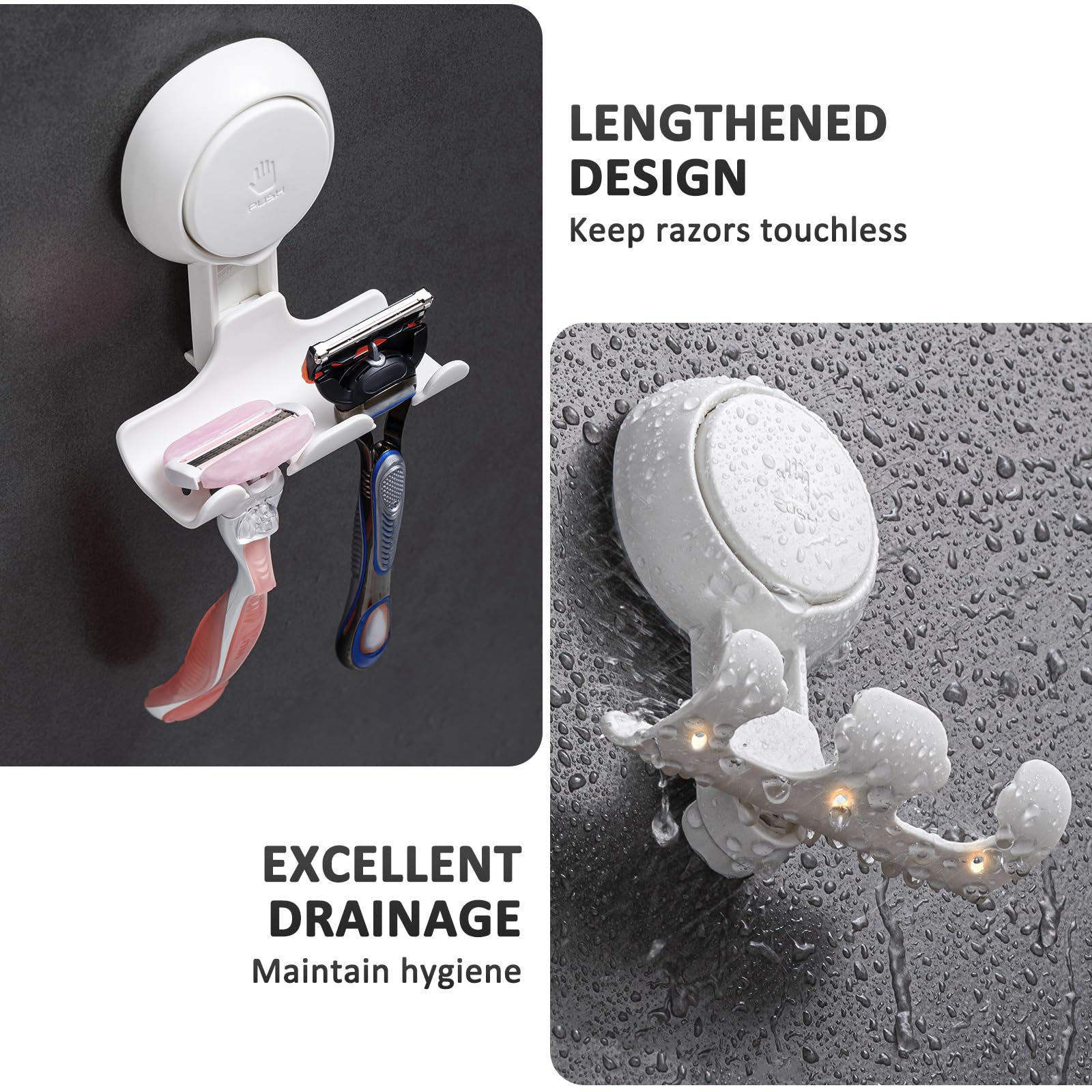 LEVERLOC 2 Pack Razor Holder for Shower - Strong Suction Cup Hooks for Towel, Loofah, Razor & Squeegee - Damage-Free Bathroom Wall Hooks & Shaver Organizer - Easy Install & Reusable White - Perfect for Shower, Bathroom & Kitchen Organization