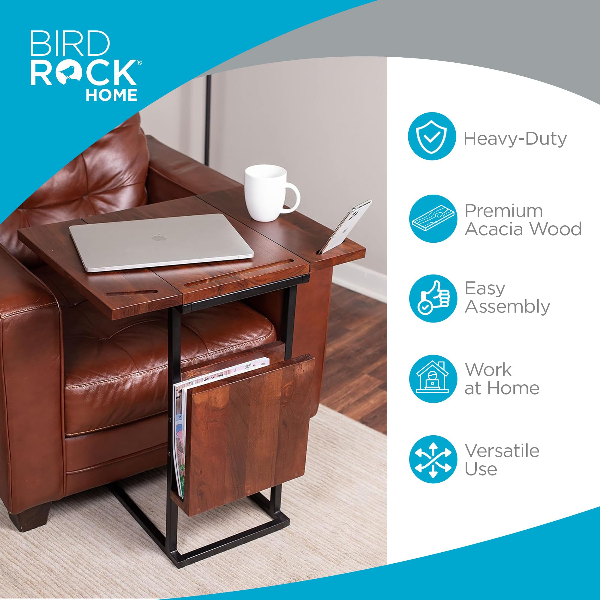 BIRDROCK HOME Acacia Wood Expandable C-Shaped Side Table with Phone & Tablet Holder - Laptop TV Tray Desk for Couch, Bed & Sofa - Snack End Table for Living Room & Office - Perfect for Reading, Working & Relaxing