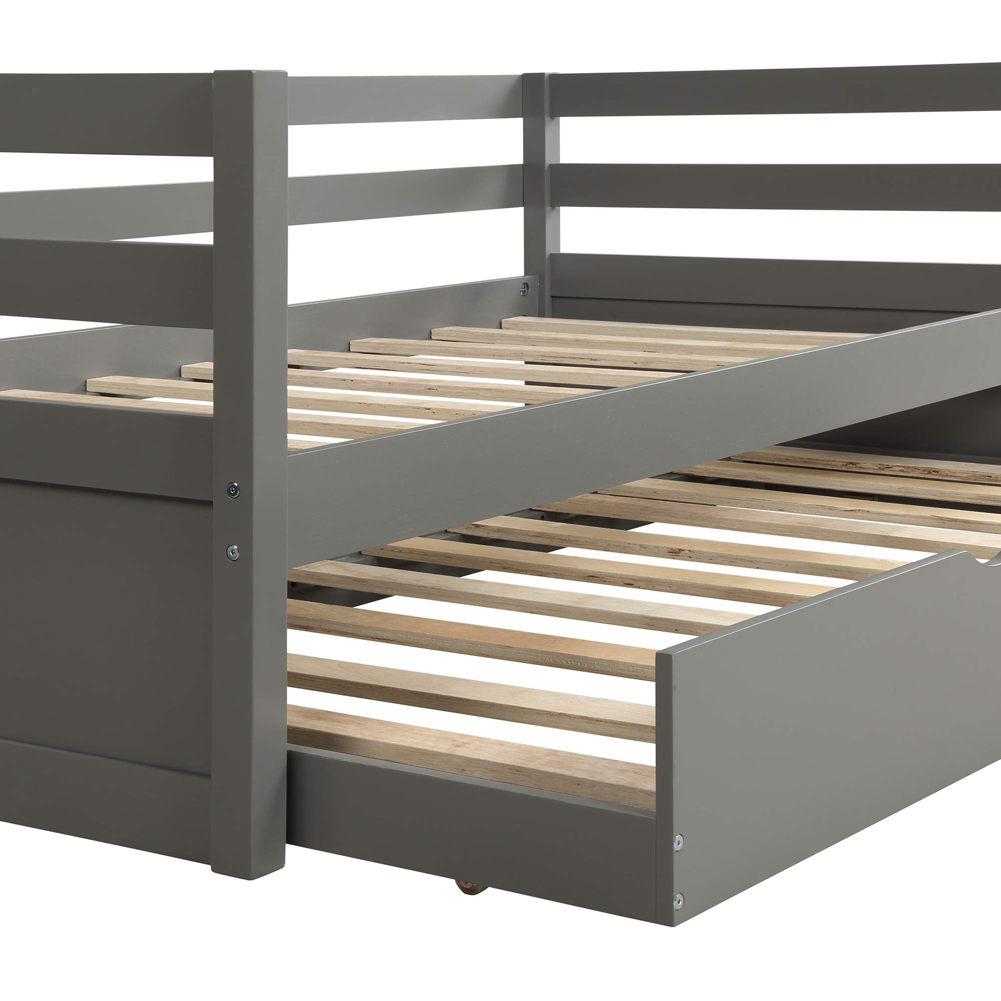 Solid Wood Twin Daybed with Pull-Out Trundle - Grey Kids Captain's Bed Frame for Guest Room, Dorm & Small Spaces | Sturdy Wooden Bed Frame with Storage Underneath