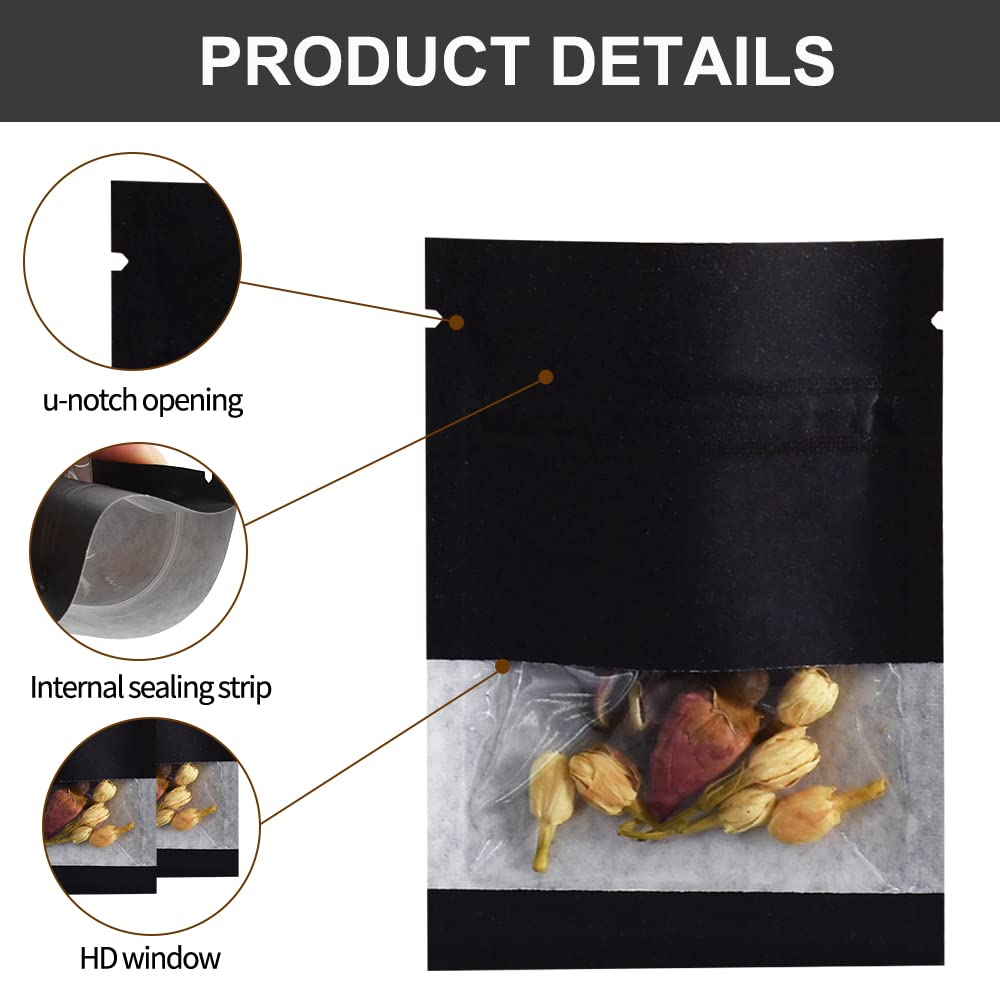 BEISHIDA 100 Pack 3.5 Inch Kraft Paper Resealable Bags with Clear Window - Small Airtight Heat Sealable Packaging Bags for Storage, Sample, Seed, Spice (Black) | Perfect for Food Storage, Craft Supplies & Small Item Organization