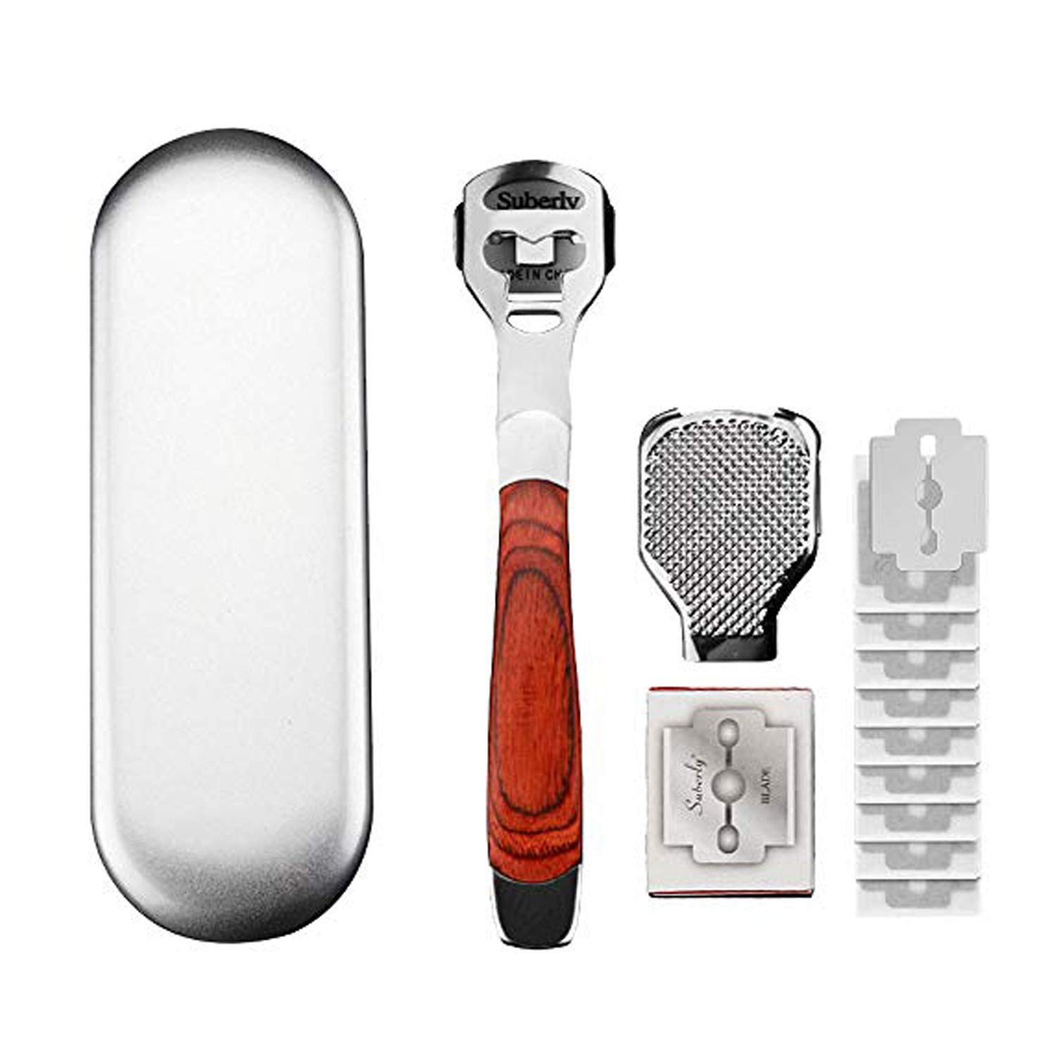 Premium Callus Shaver & Hard Skin Remover - 10 Stainless Steel Blades with Ergonomic Wood Handle - Professional Pedicure Foot Care Tool for Cracked Heels & Dead Skin - Perfect for Home Spa, Salon Use & Travel Grooming Kits