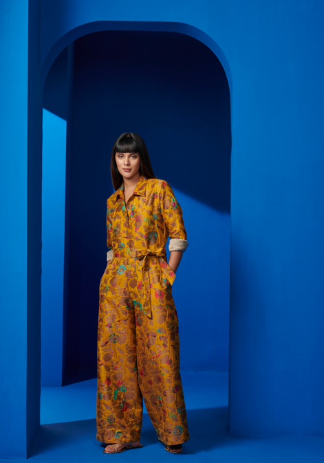 Albela Mustard Silk Brocade Jumpsuit for Women | Elegant Party Wear & Special Occasion Outfit | Perfect for Weddings, Festivals and Evening Events