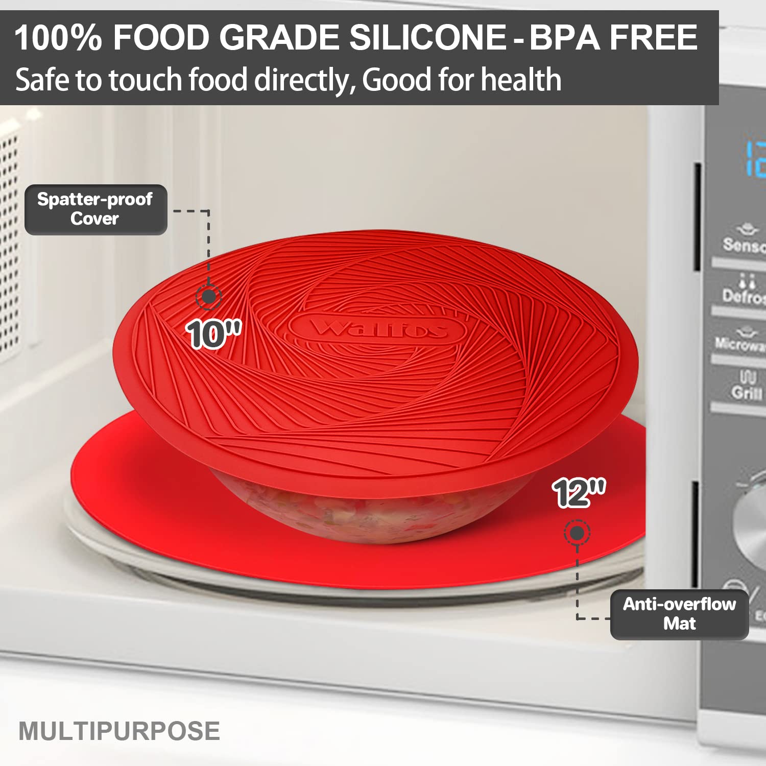 Walfos 12-Pack 10 Inch Silicone Microwave Mats - Non-Slip Heat Resistant Splatter Cover & Trivet for Kitchen - Perfect for Microwave, Oven, Hot Pans & Pots (Red) - Keep Countertops Clean While Cooking & Serving Hot Dishes