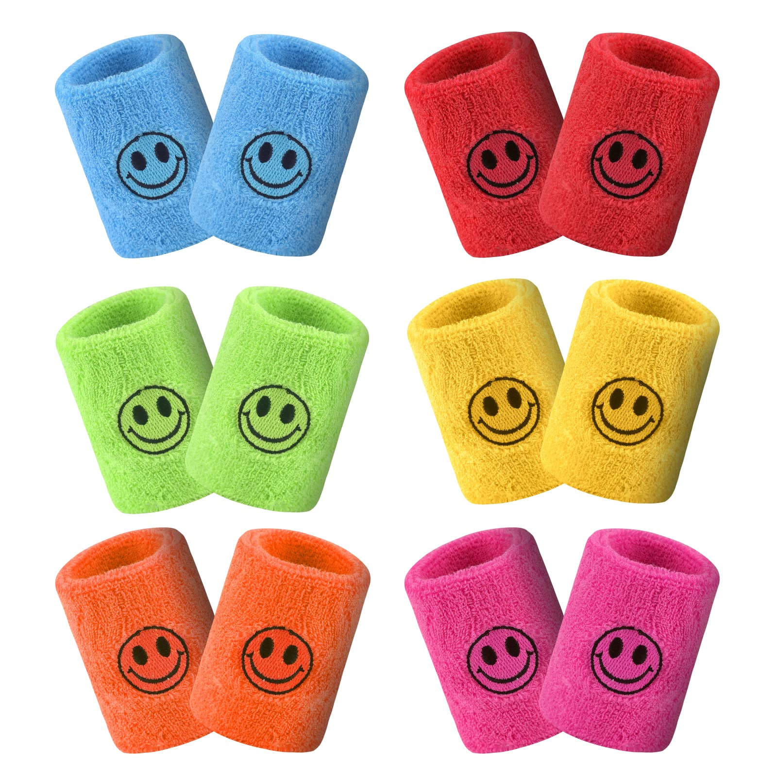 12-Piece Colorful Smiley Face Sports Wristbands & Sweatbands - Breathable Gym Accessories for Basketball, Tennis, Running & Birthday Party Favors