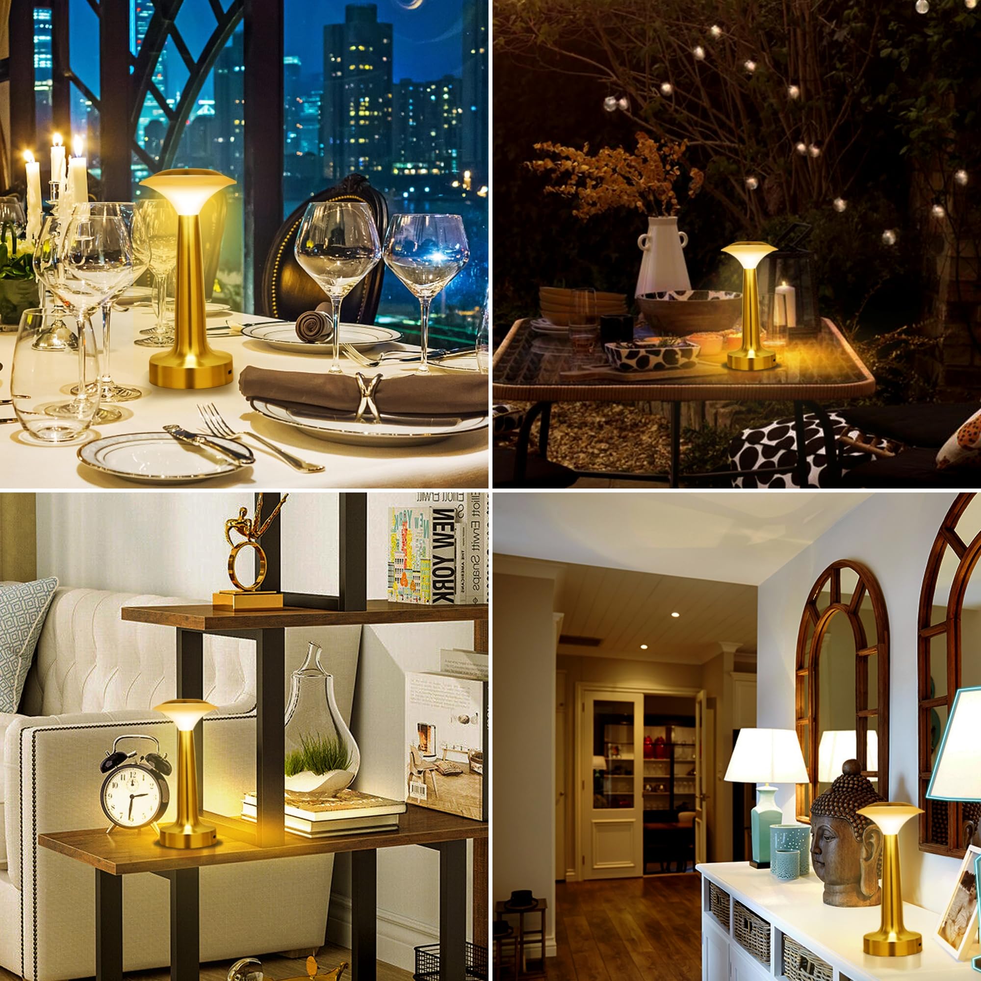 UMEXUS Small Cordless Table Lamp - Rechargeable Battery Operated LED Night Light with Dimmable Touch Control, Portable Ambient Lighting for Bedroom, Restaurant, Bar, Patio, Dining Table - Gold Finish for Warm Home Decor