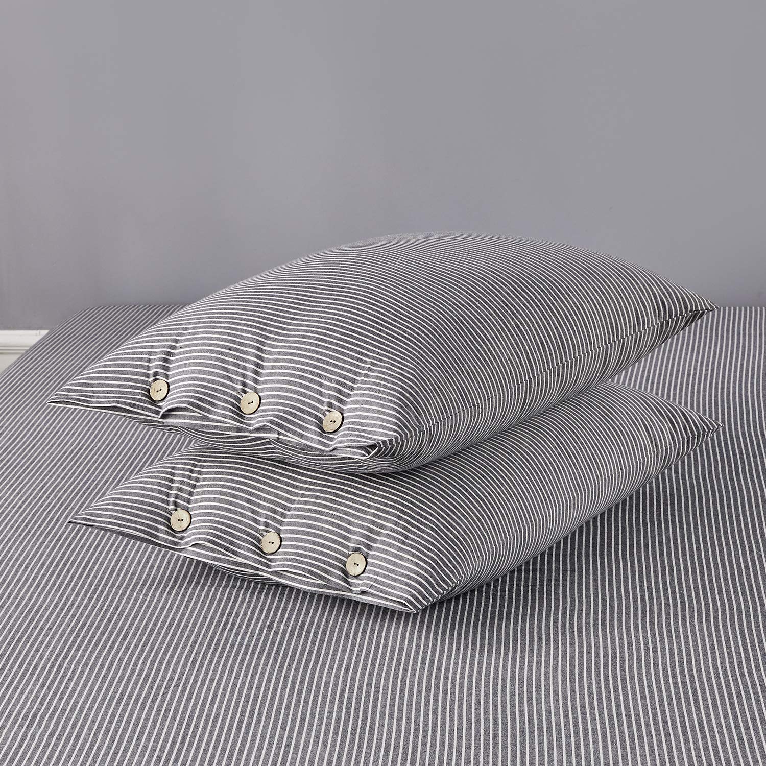 JELLYMONI 100% Washed Cotton Duvet Cover Set King Size - 3 Piece Pinstripe Bedding Set with Button Closure, Black & White Striped Pattern (Comforter Not Included) | Soft Breathable Luxury Bedding for Master Bedroom, Guest Room & Vacation Homes