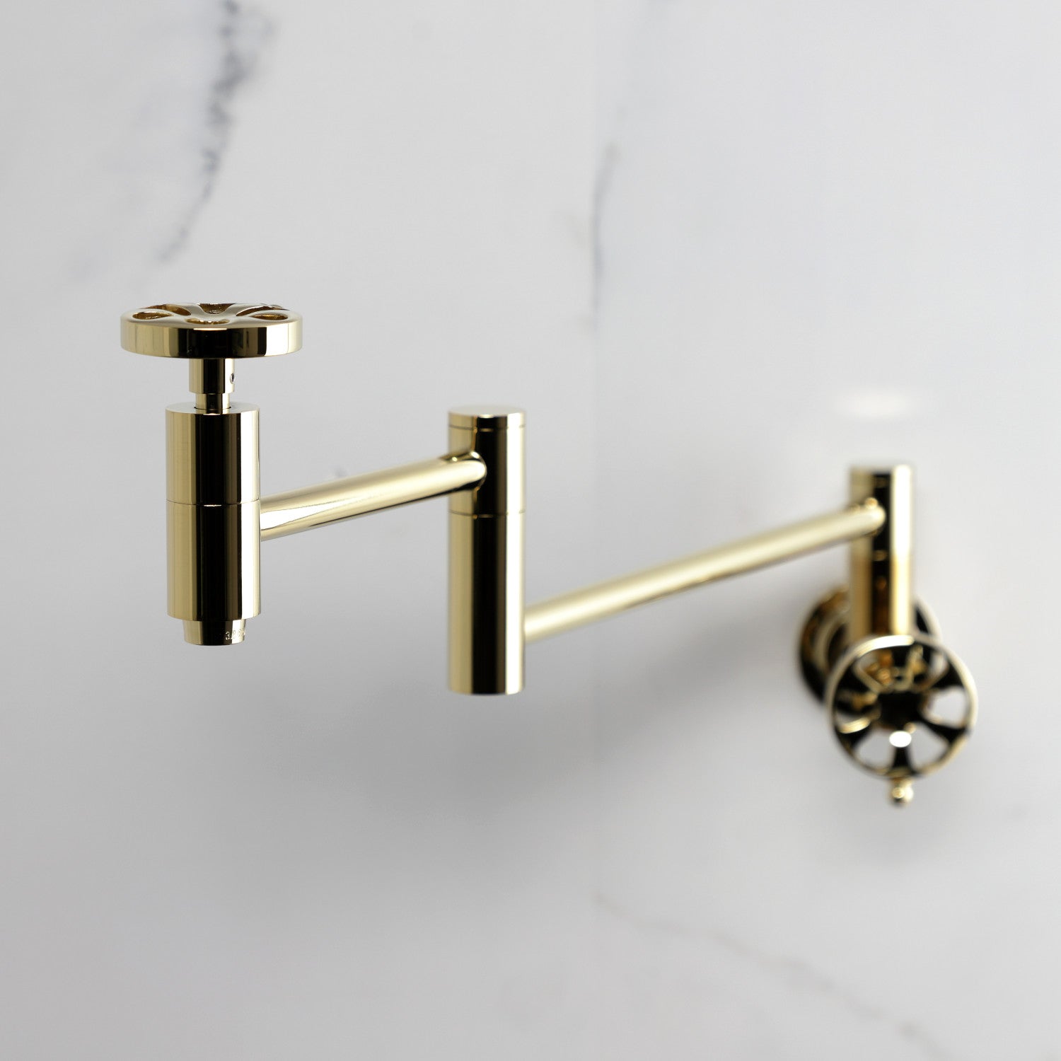 Belknap KS8102RX Two Handle Wall Mount Pot Filler Faucet - Polished Brass Finish - Ideal for Kitchen, Sink, and Stove Area - Perfect for Filling Large Pots and Pans