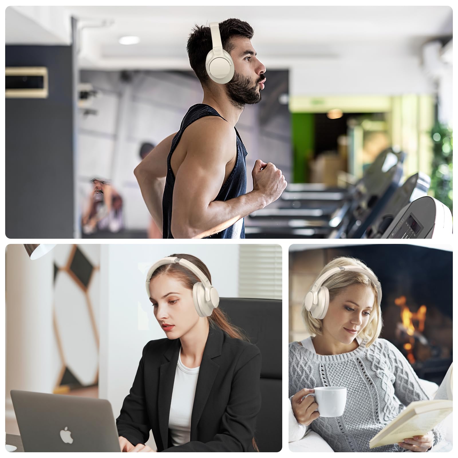 ZIHNIC Wireless Bluetooth Headphones with Active Noise Cancelling, 60H Playtime & Low Latency - Milky White | Perfect for Travel, Work & Gaming