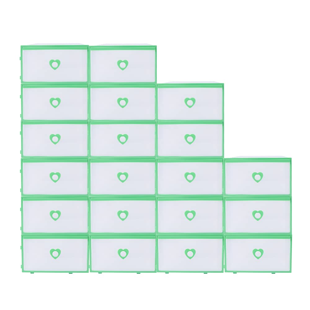 20-Pack Clear Plastic Shoe Storage Boxes - Green Heart Design, Stackable & Foldable Drawer Organizers for Closet, Wardrobe, and Home Organization | Perfect for Shoes, Accessories, and Small Items Storage