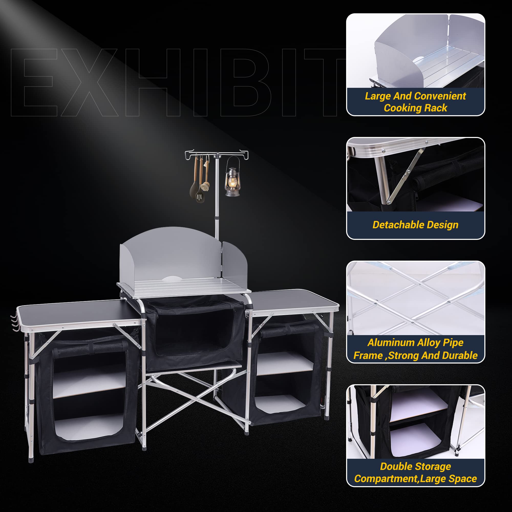Portable Camping Kitchen Table with Adjustable Light Stand - Foldable Outdoor Cooking Station for Picnics, BBQ & Camping (Silver) - Perfect for Backyard, RV & Tailgating