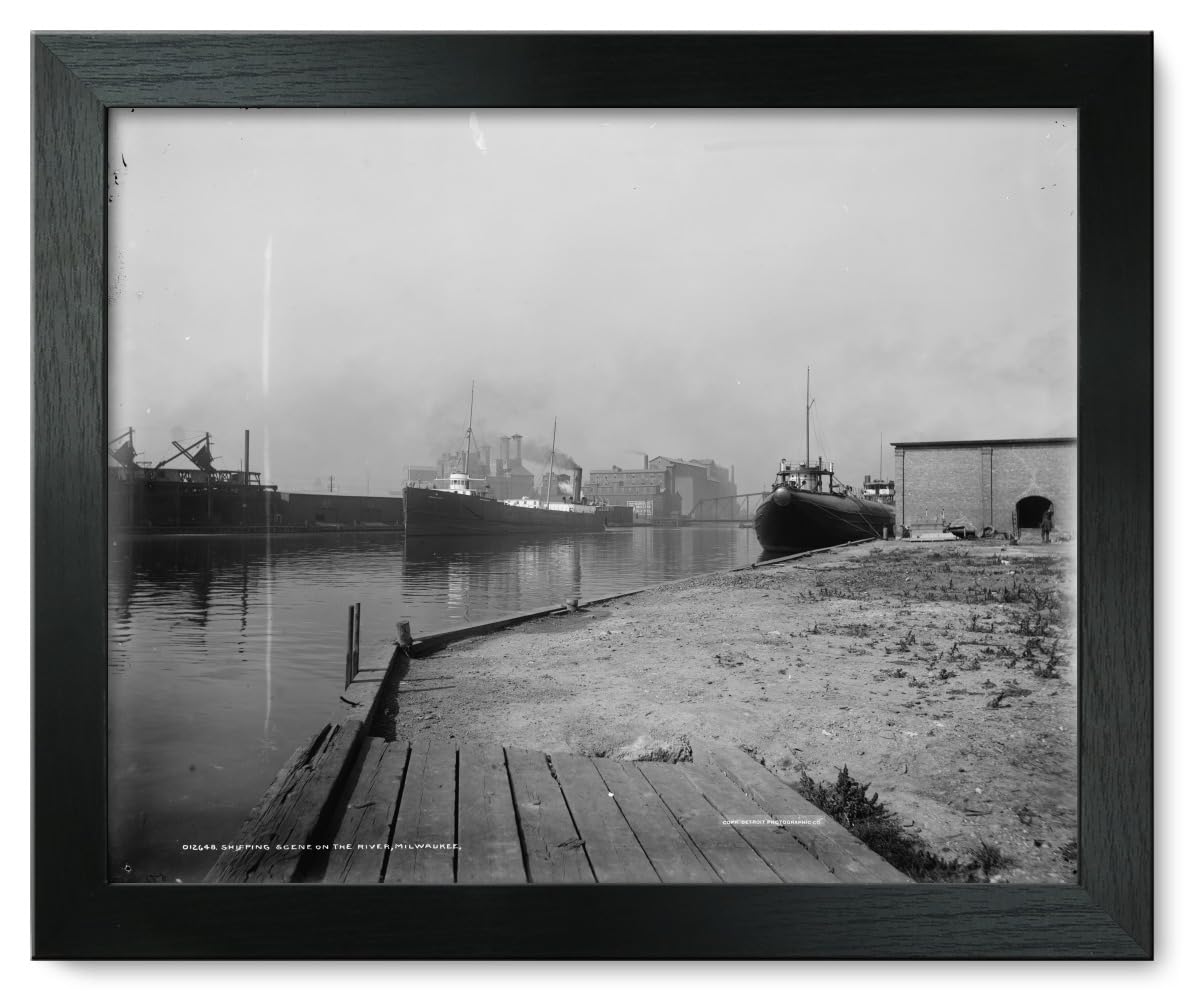 Vintage 1900 Milwaukee River Shipping Scene Framed Print 12x15 - Perfect for Home, Office & Historical Decor