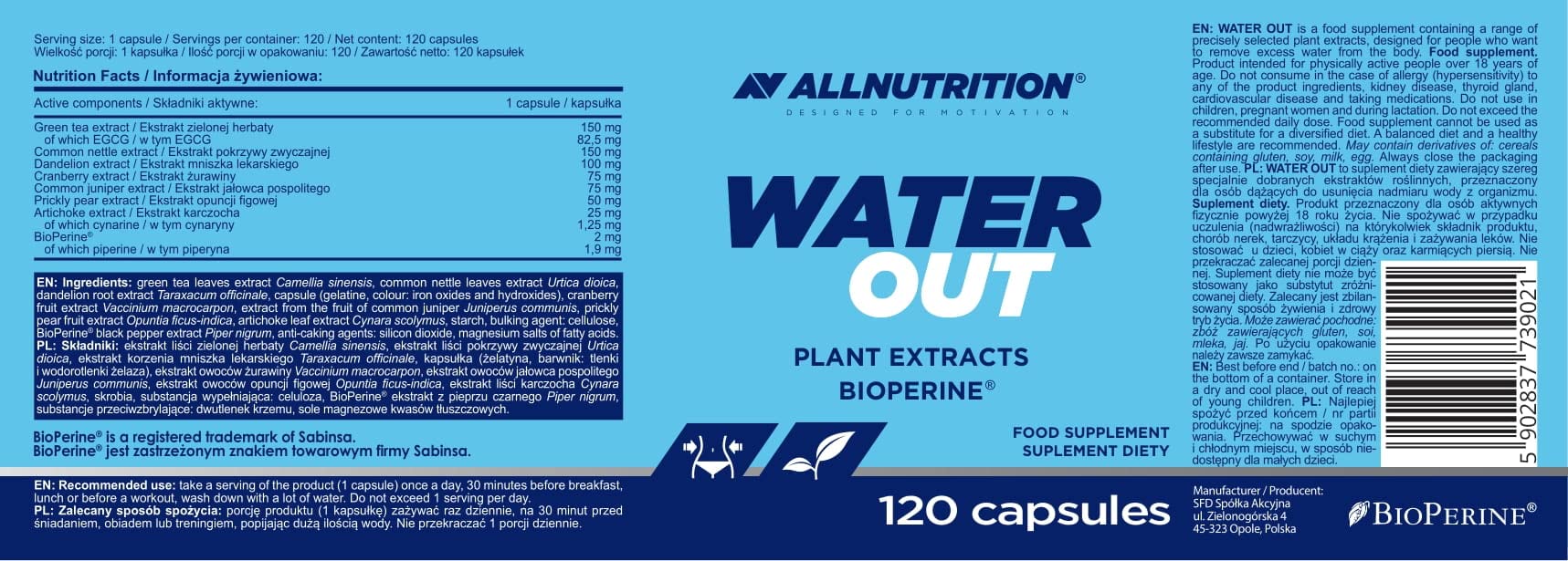 Allnutrition Water Out 120 Capsules - Natural Water Retention Relief Supplement for Weight Management & Bloating - Perfect for Fitness Enthusiasts & Active Lifestyles
