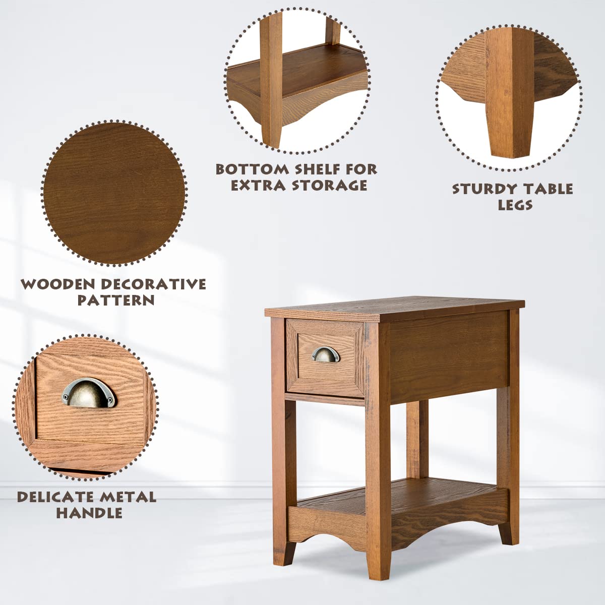 KOTEK Retro Narrow End Table with Drawer & Open Shelf - Solid Wood Legs Nightstand for Small Spaces - Slim Side Table for Living Room, Bedroom, Home Office - Perfect for Reading Nook, Apartment Decor & Coffee Table Companion (Tawny)