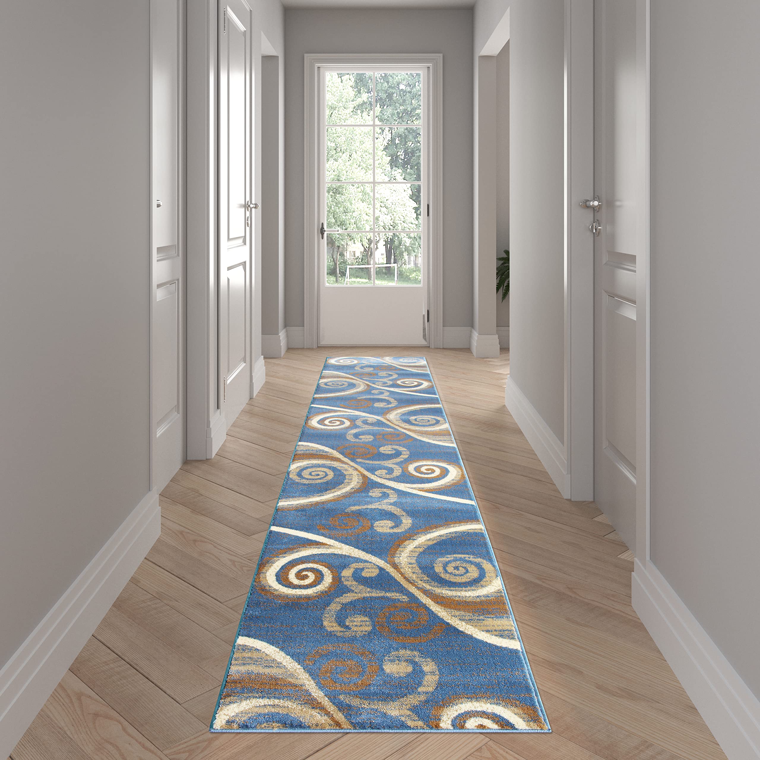 EMMA + OLIVER Helix 2x11 Scraped Look Ultra Soft Plush Pile Olefin Accent Rug - Blue, Gray, Black & White Swirl Pattern with Jute Backing - Perfect for Living Room, Bedroom, Nursery & Office Decor