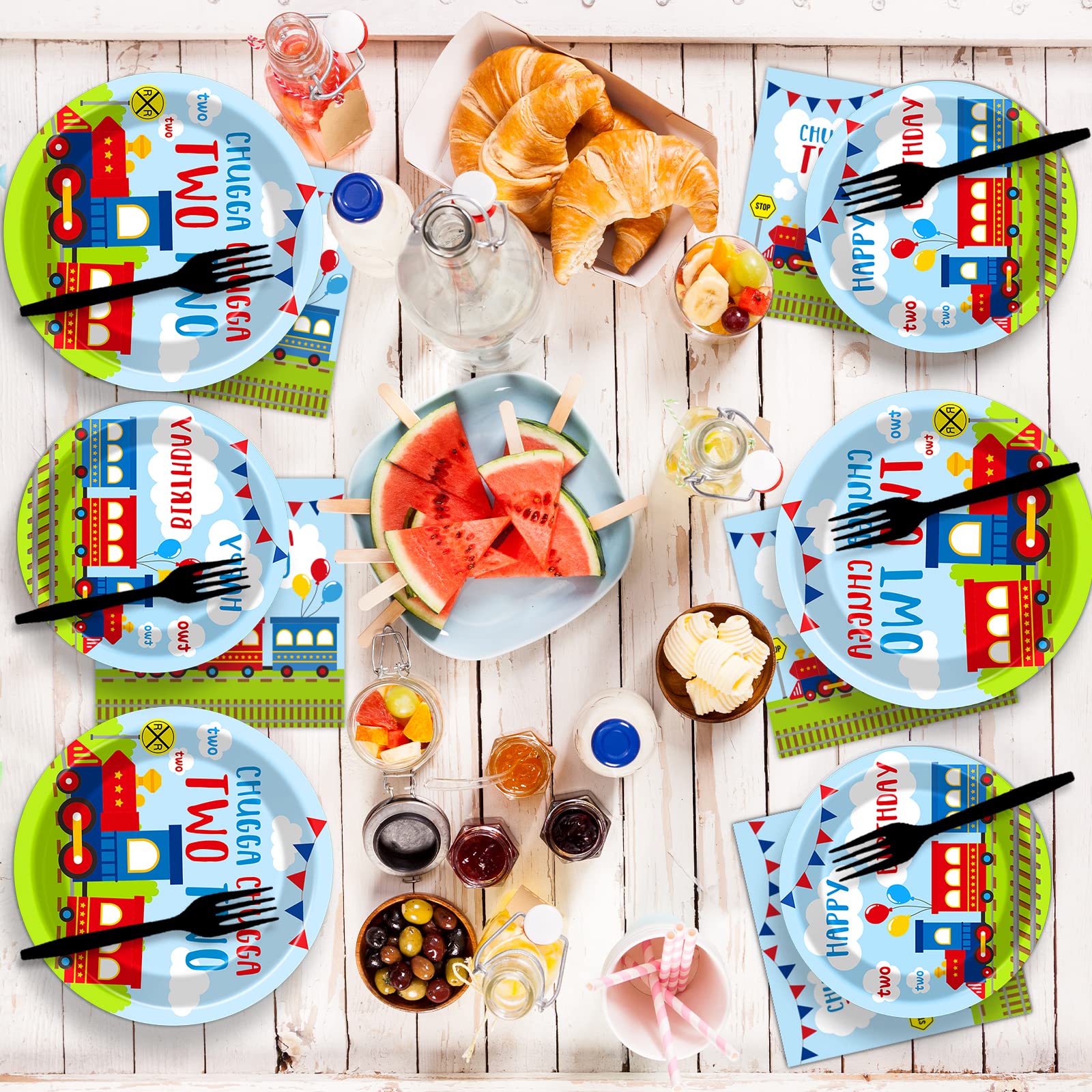 100 PCS Chugga Chugga Two Two Train-Themed Party Supplies Set - Disposable Paper Plates, Napkins & Forks for 2nd Birthday Decorations (Serves 25) | Perfect for Kids Transportation Theme Parties & Baby Shower Tableware