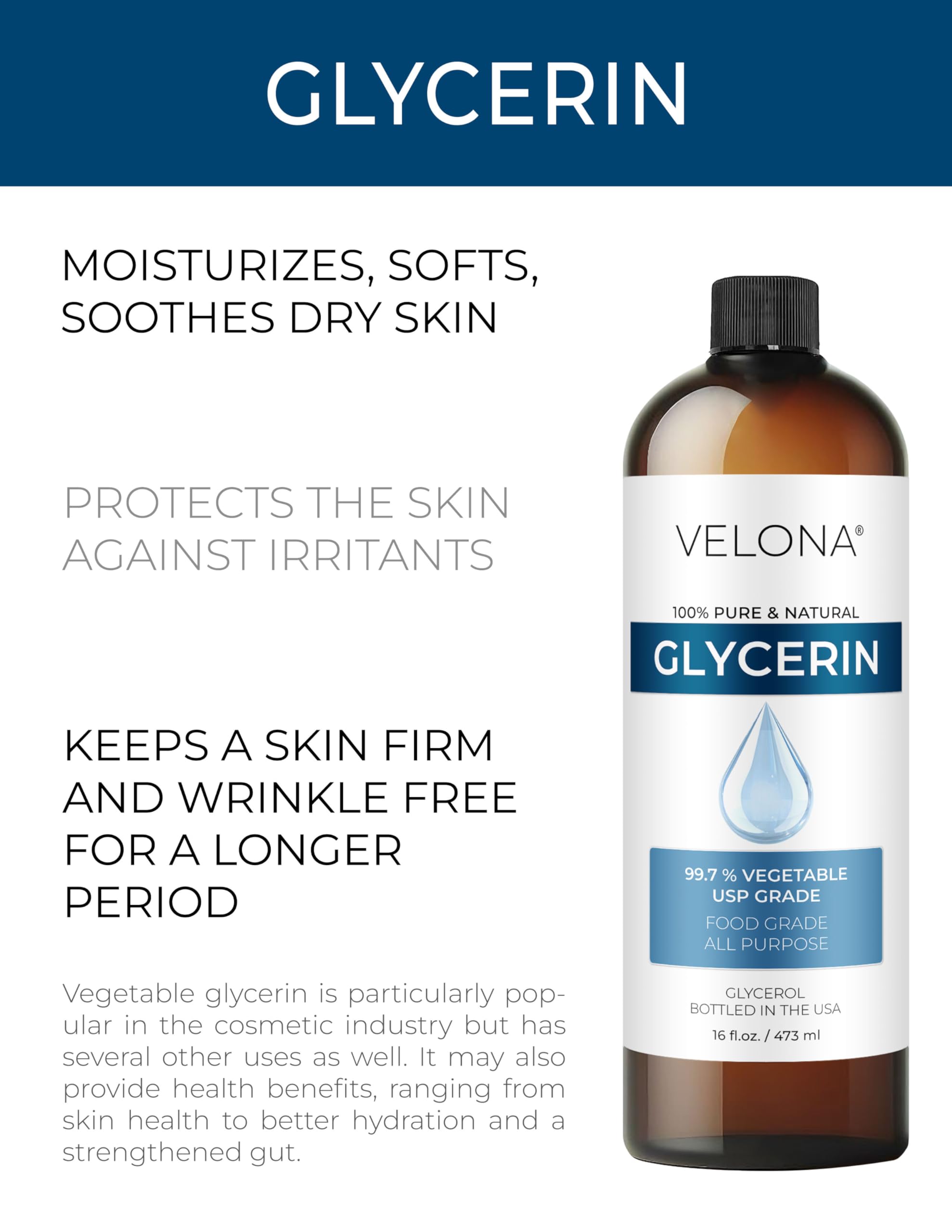 Velona USP Grade Vegetable Glycerin 20 oz - 100% Pure & Natural Carrier Oil for Dry Skin | Hair & Face Moisturizer, Bubble Bath, Soap Making, DIY Skincare | Hydrating Solution for Dry Skin Care, Homemade Cosmetics & Bath Products