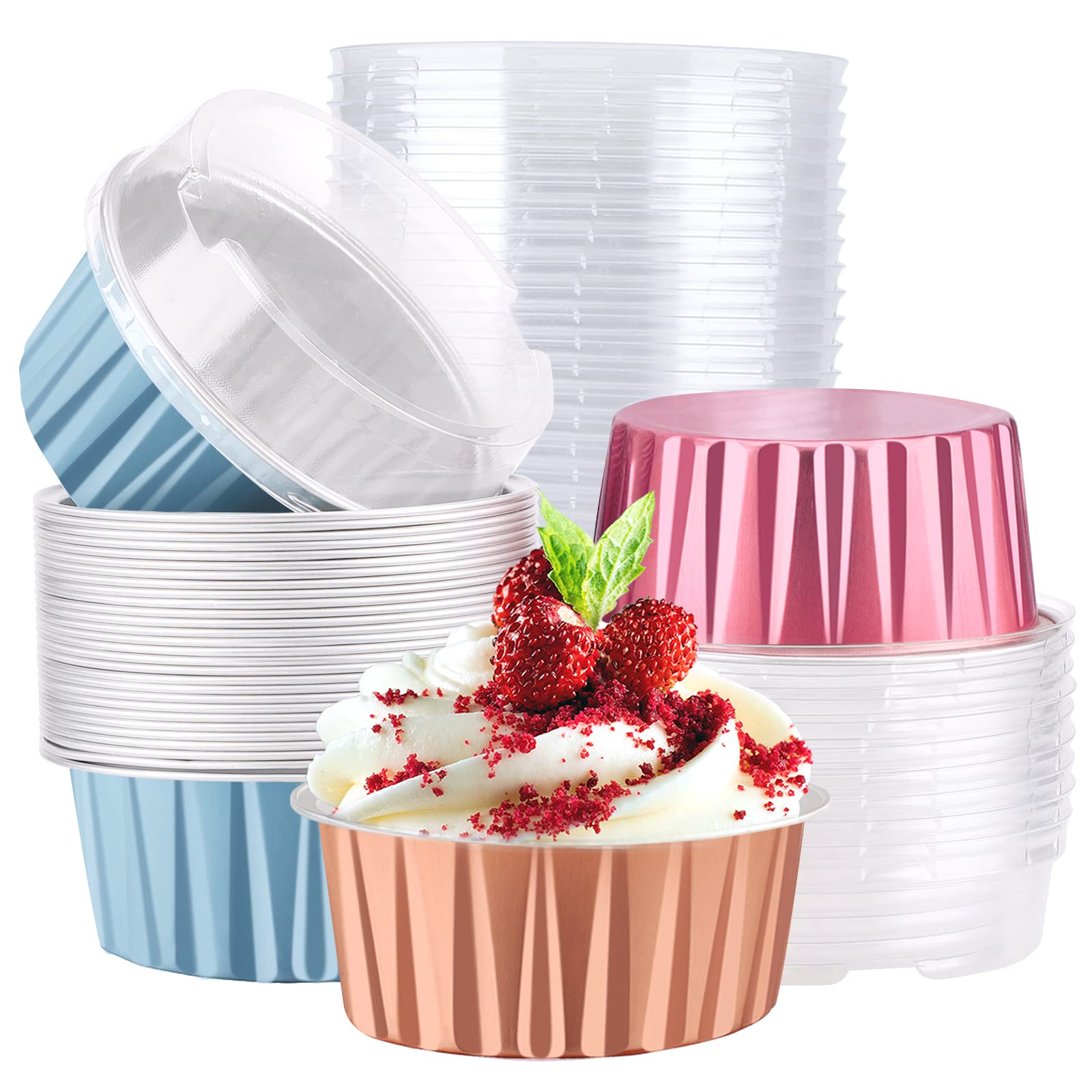 EUSOAR 5oz Aluminum Foil Baking Cups - 30 Pack (Blue, Red, Rose Gold) with Lids - 125ml Ramekins for Cupcakes, Pies, Desserts, Flans, Custards & Puddings - Perfect for Party Favors, Catering & Home Baking