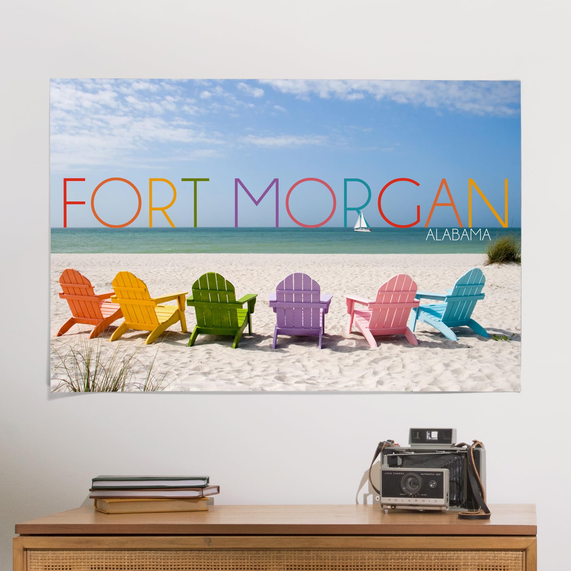 Lantern Press 24x36 Inch Giclee Art Print - Fort Morgan Alabama Coastal Wall Decor with Vibrant Beach Chairs - Perfect for Living Room, Bedroom or Beach House Decor