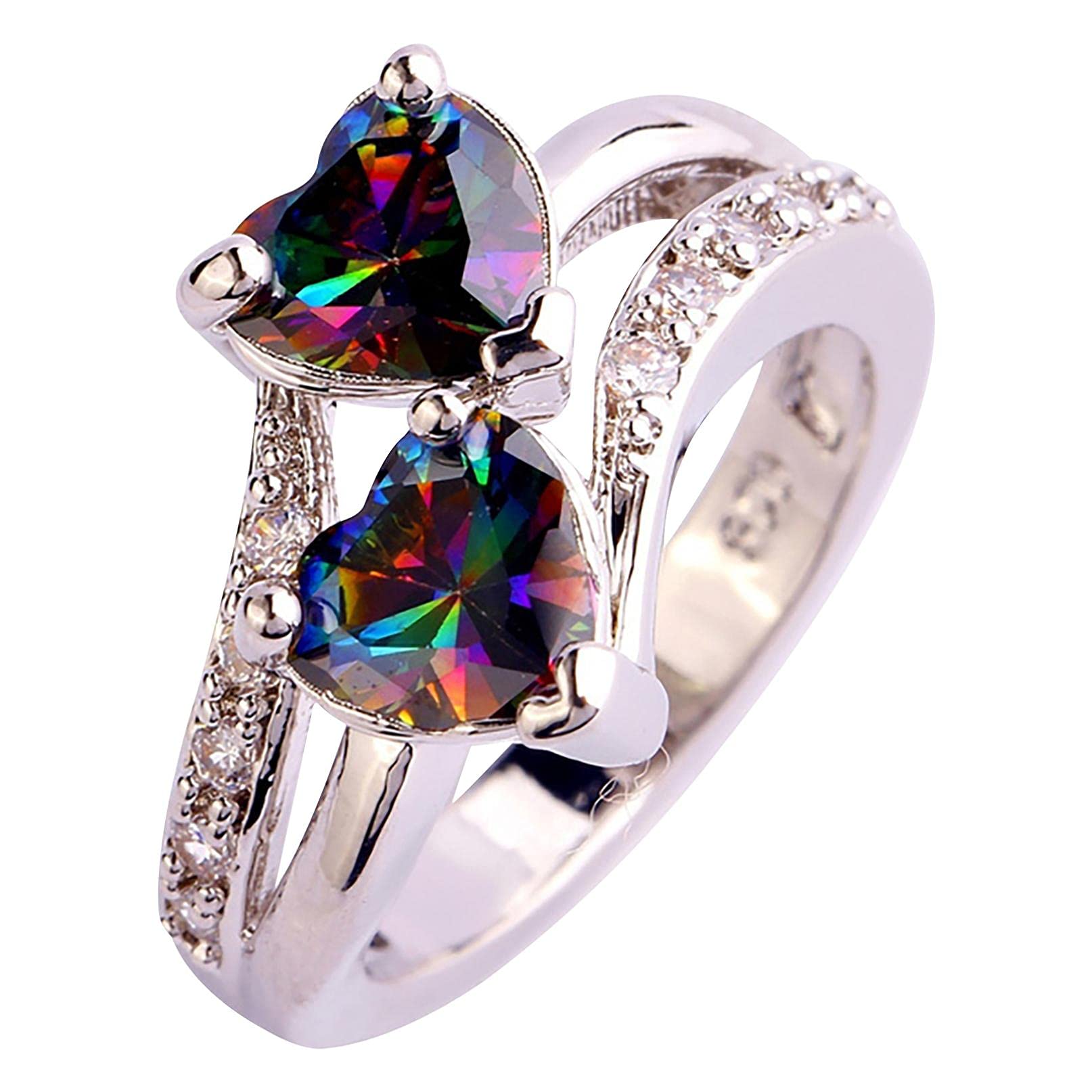 Lucktop Women's Fashion Jewelry - Heart Cut Rainbow & White Gemstone Ring for Personality Gift, Birthday, Valentine's Day, Anniversary & Christmas (Multicolor, Size 9) | Perfect for Everyday Wear, Date Nights & Special Occasions
