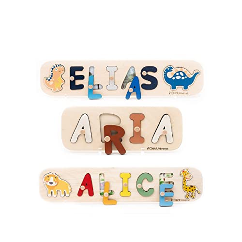 Personalized Wooden Name Puzzle for Baby - Custom Toddler Name Puzzle for Girls & Boys - Montessori Educational Toys & Nursery Décor - Unique 1st Birthday Gift (White, Dinosaur Theme) - Perfect for Early Learning, Home Decoration & Baby Shower Gifts