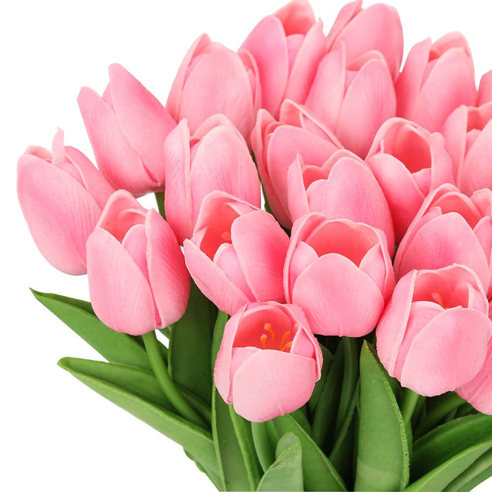 IPOPU 24PCS Real Touch Pink Tulips Artificial Flowers - Faux Silk Tulip Stems for Home Decor, Wedding Bouquets, Baby Showers, Bridal Centerpieces & Party Decorations (Pink) | Perfect for Spring Home Styling, Table Arrangements and Photo Backdrops