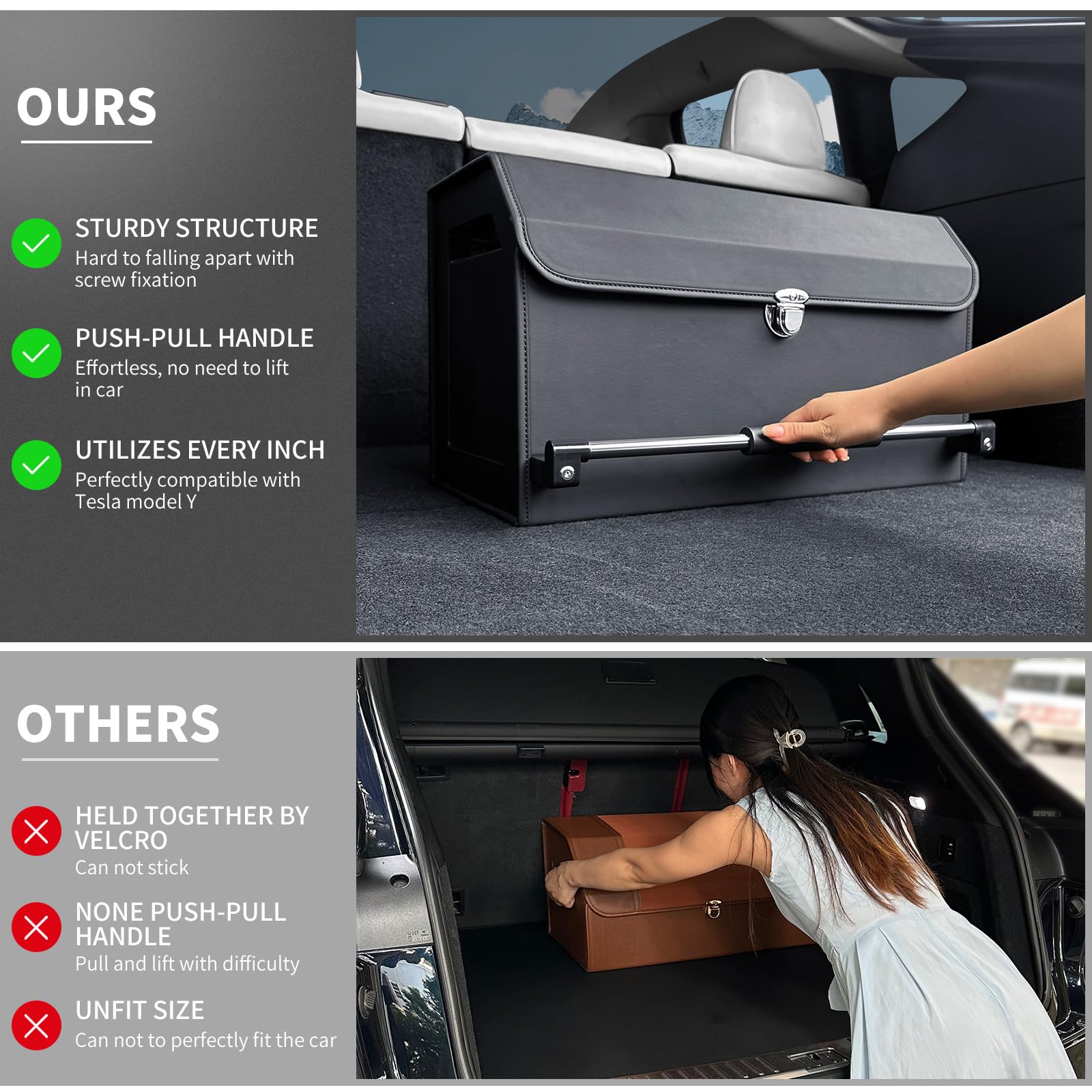 Premium Leather Collapsible Car Trunk Organizer with Push-Pull Handle & Lid - 2 Compartment Large Storage Box for SUV, Minivan, Sedan | Perfect for Road Trips, Grocery Shopping & Car Organization (Black)