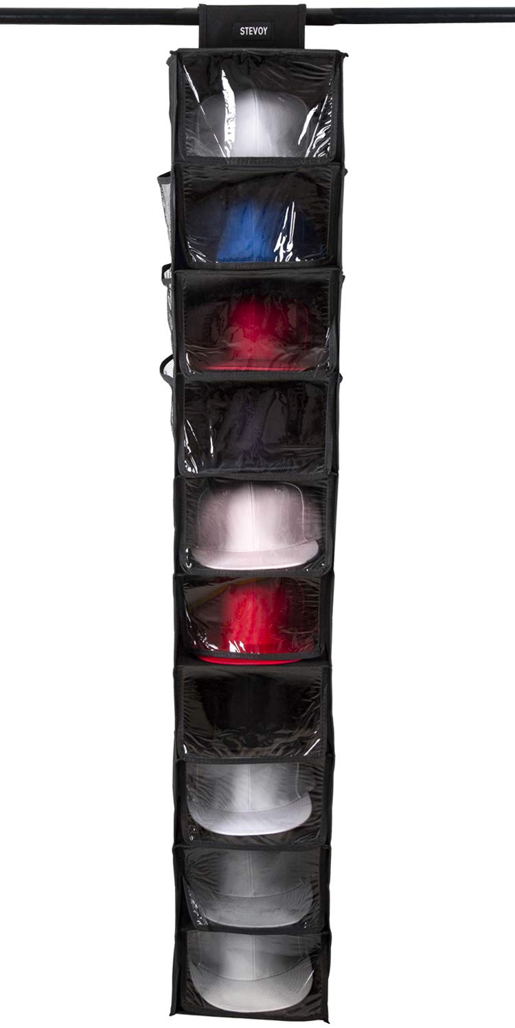 STEVOY 10-Shelf Hanging Hat Organizer for Baseball Caps - Dustproof Closet Storage Rack with Side Pockets & Dust Shield | Perfect for Closet, Bedroom, Dorm & Shoe Storage Organization