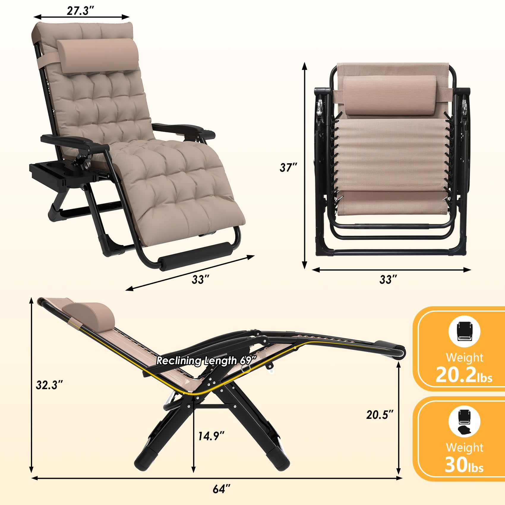 Slendor Oversized Zero Gravity Chair XXL - 33In Padded Reclining Lounge Chair with Headrest & Cup Holder, Heavy Duty 500lbs Capacity, Aluminum Alloy Lock, Foldable Patio Furniture for Outdoor Relaxation - Perfect for Backyard, Poolside, Camping & Beach (Beige)