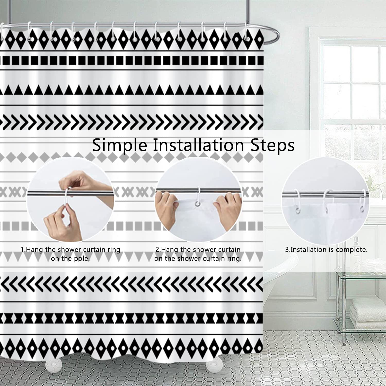Boho Waterproof Shower Curtain - Black & White Geometric Pattern with Hooks, 72x96 Inch Bathroom Decor for Modern & Bohemian Style Homes | Perfect for Spa-Like Showers and Bathroom Makeovers