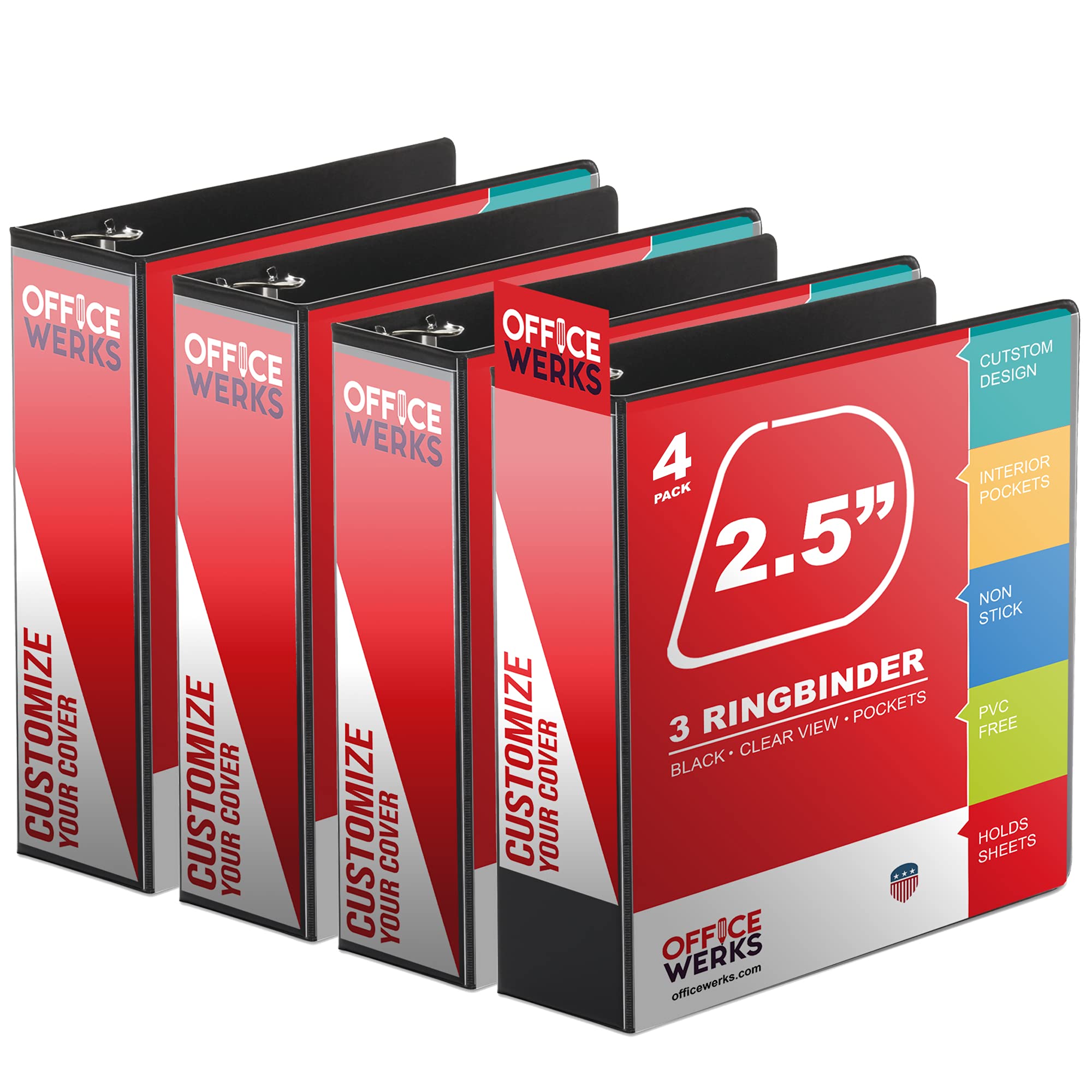 Performore 3 Ring Binder 2.5 Inch - Professional Angle D Presentation Folder with Pockets for 8.5 x 11 Standard Pages - Crystal Clear View Black Binders (4 Pack) - Perfect for Office, School, Business Meetings & Document Organization