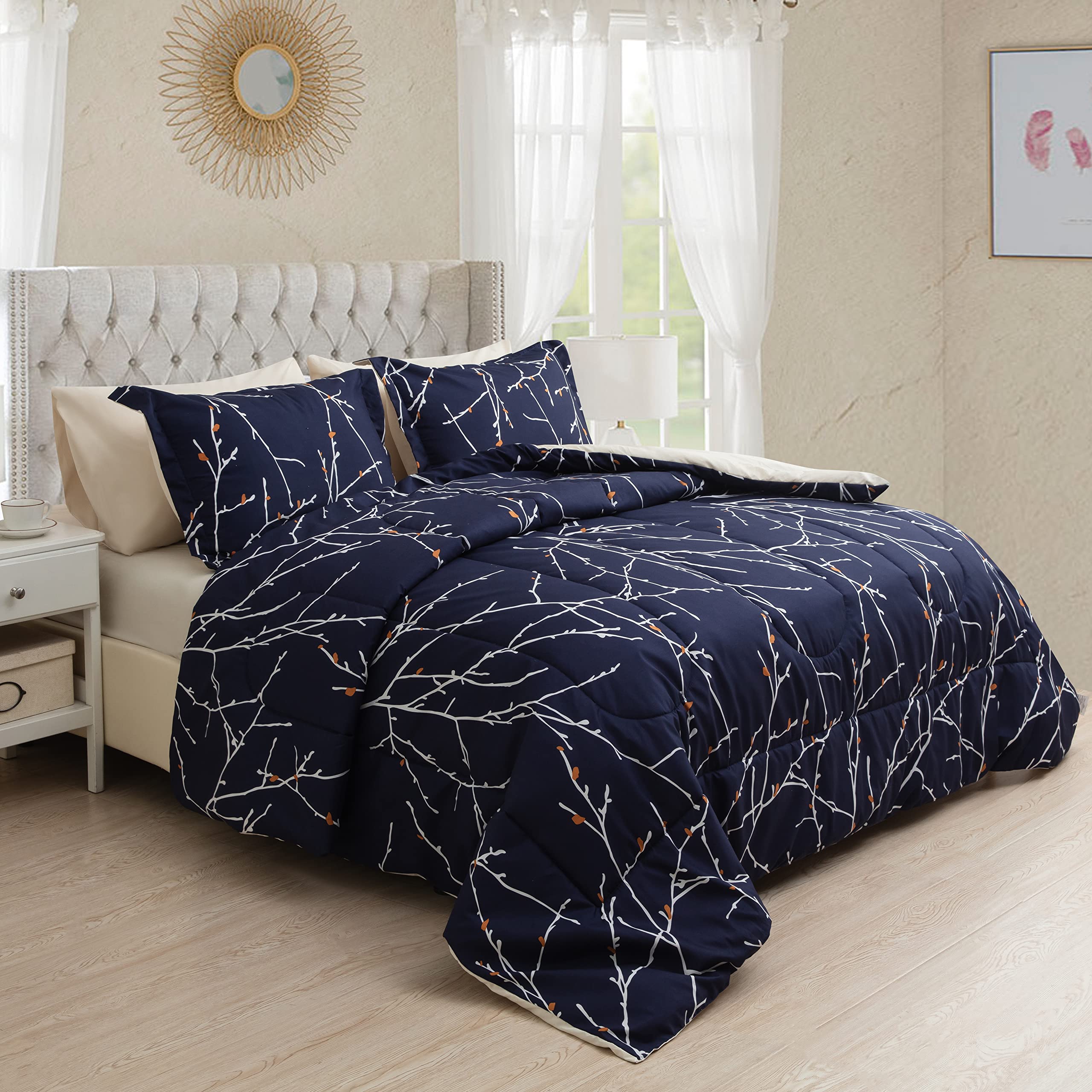 Ultra Soft Luxury Fluffy Goose Down Alternative 5-Piece Comforter Set with 3-Piece Sheet Set - Modern Navy Blue Branches Pattern, Twin/Single Size for Bedroom Decor | Perfect for Guest Rooms, Dormitories & Cozy Home Styling