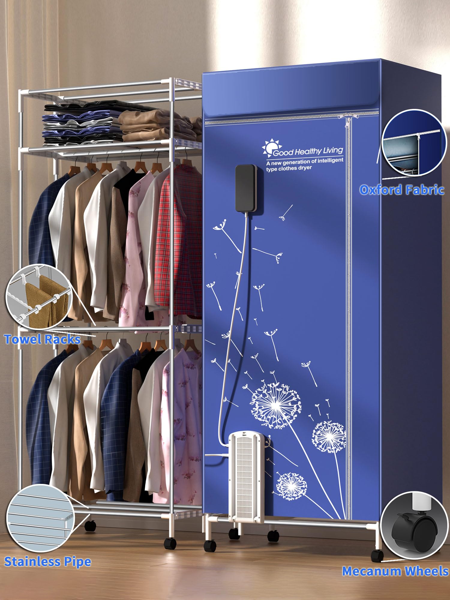 Portable Clothes Dryer 1600W 110V - 3 Tier Foldable Drying Rack with Anion Function, 35 lbs Capacity, Energy Efficient - Ideal for Apartments, Dorms, RV Travel & Small Spaces (Blue)