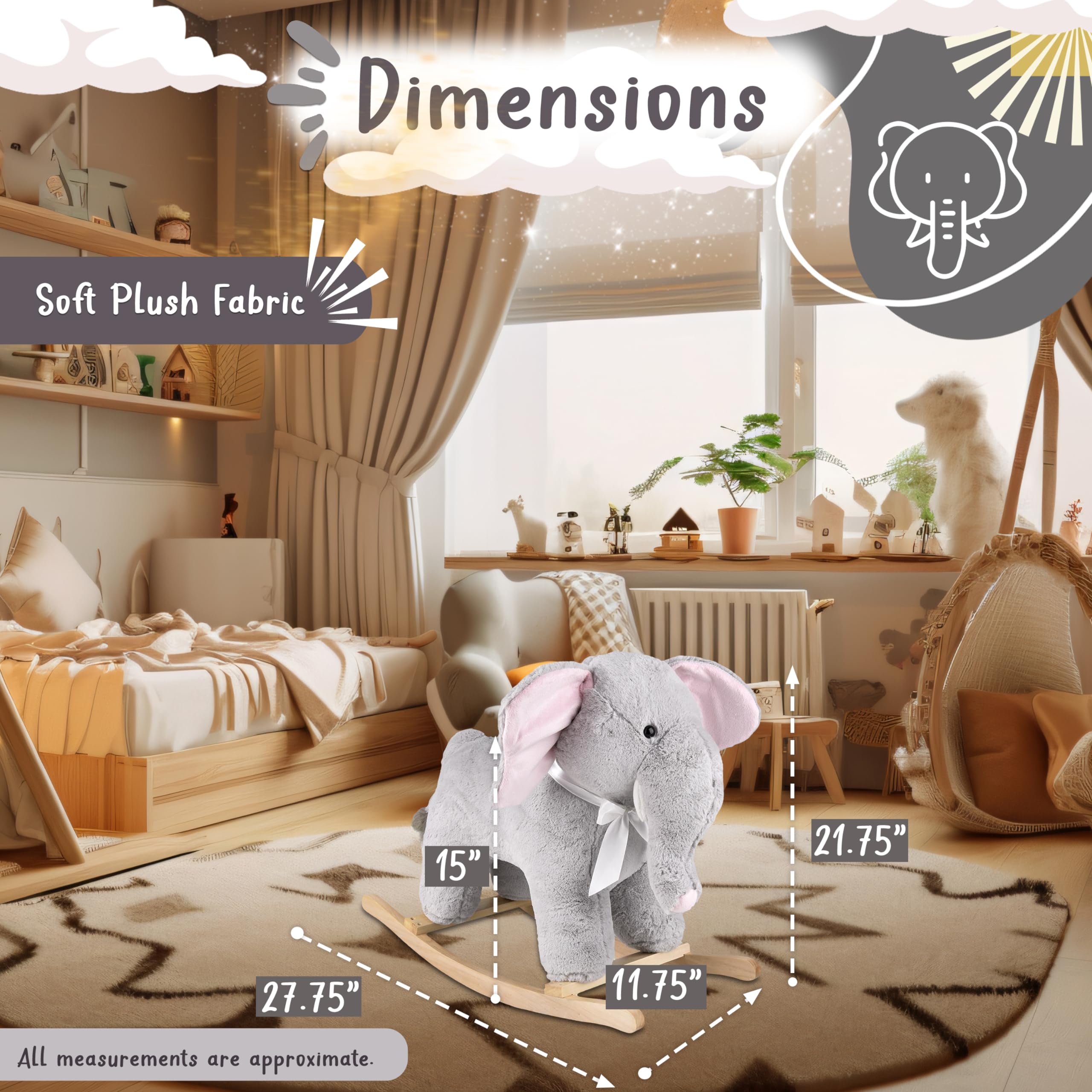Ellis Elephant Rocking Toy for Toddlers - Soft Stuffed Animal Rocker Ride-On for Babies 18+ Months - Cute Jungle Animal Rocking Chair for Kids - Perfect for Playtime, Nursery Decor & Gift Ideas (Forest & Twelfth)