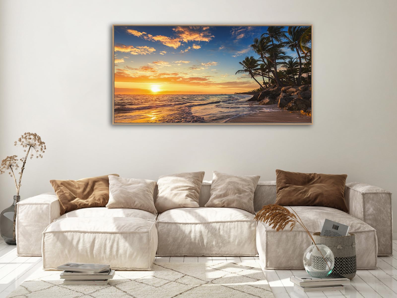 Tropical Sunset Beach Wall Art - Framed Coastal Ocean Waves Painting with Coconut Trees | 29x58 Inch Canvas Print for Home & Office Decor | Perfect for Living Room, Bedroom or Beach House
