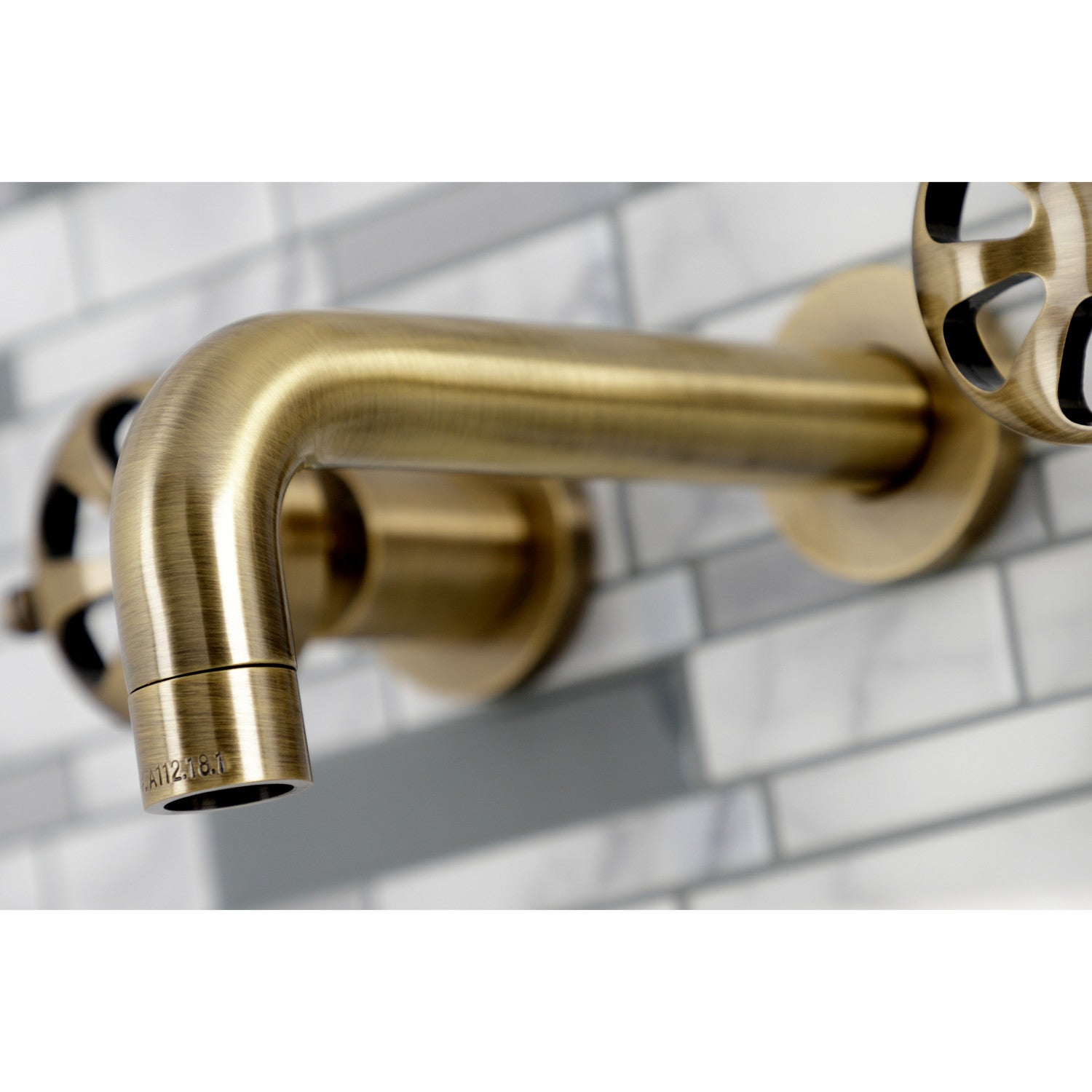 Belknap KS8123RX 3-Hole Wall Mount Bathroom Faucet with Double Handles in Antique Brass - Perfect for Vintage Style Bathrooms and Powder Rooms