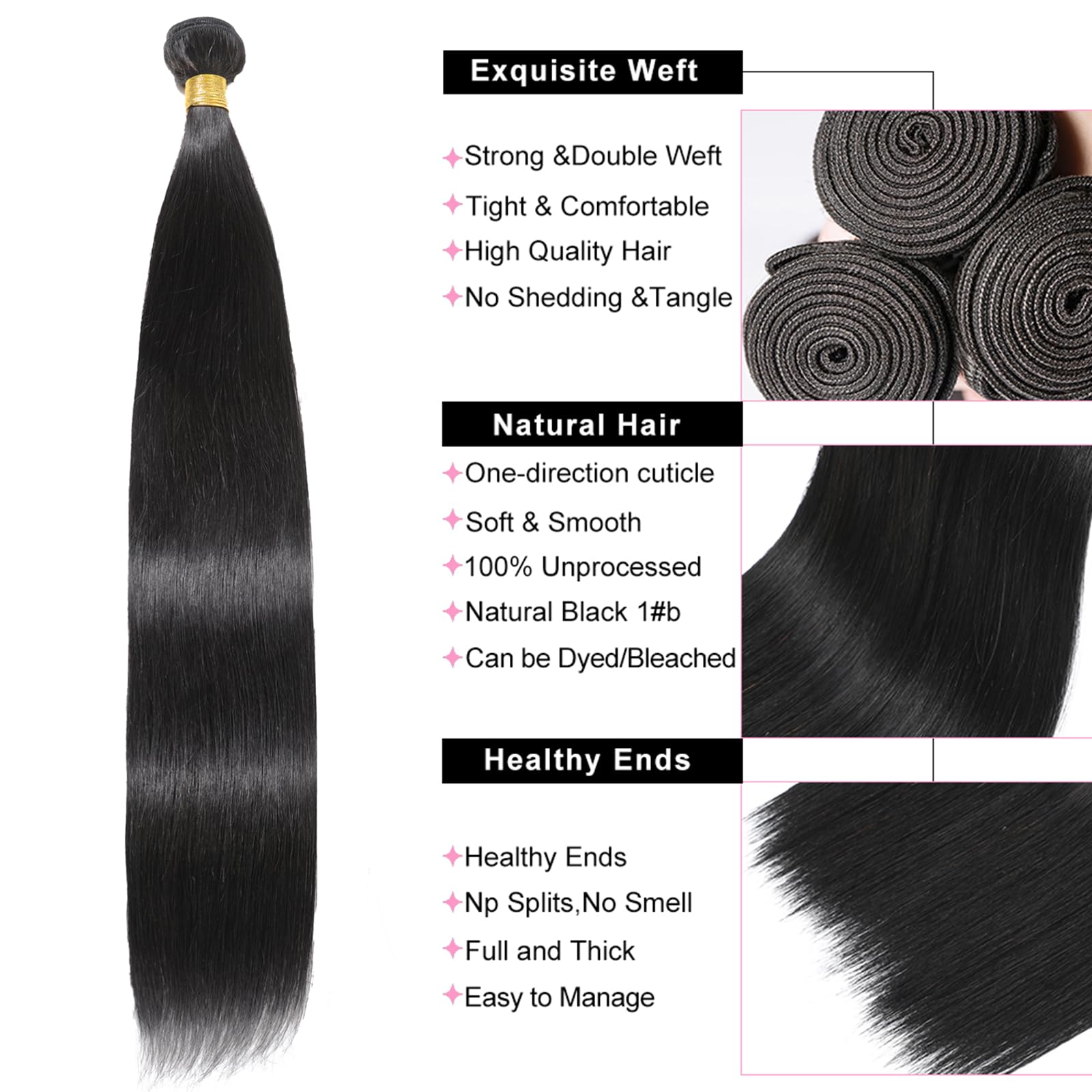 12A Brazilian Virgin Human Hair Bundles - 100% Unprocessed Straight Weave Extensions (1 Bundle, 38 Inch, Natural Black) | Perfect for Salon Styling, Everyday Wear & Special Occasions