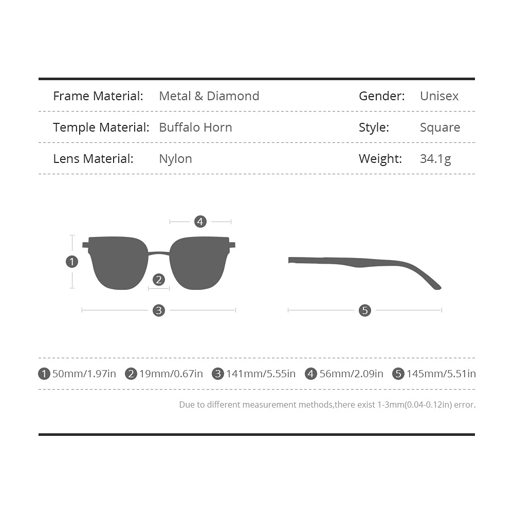 100% Real Buffalo Horn Handmade Women's Square Rimless Luxury Sunglasses with Diamonds - Fashion UV Protection Eyewear for Outdoor, Beach & Driving