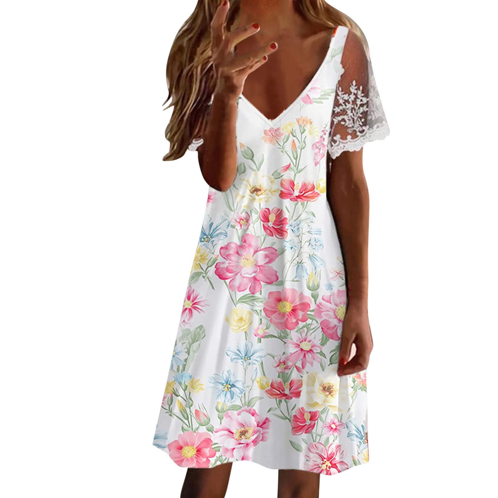 Women's Floral Print V-Neck Short Sleeve Sundress - Casual Summer Beach Dress with Lace Petal Sleeves | Perfect for Vacations, Pool Parties, and Outdoor Date Nights