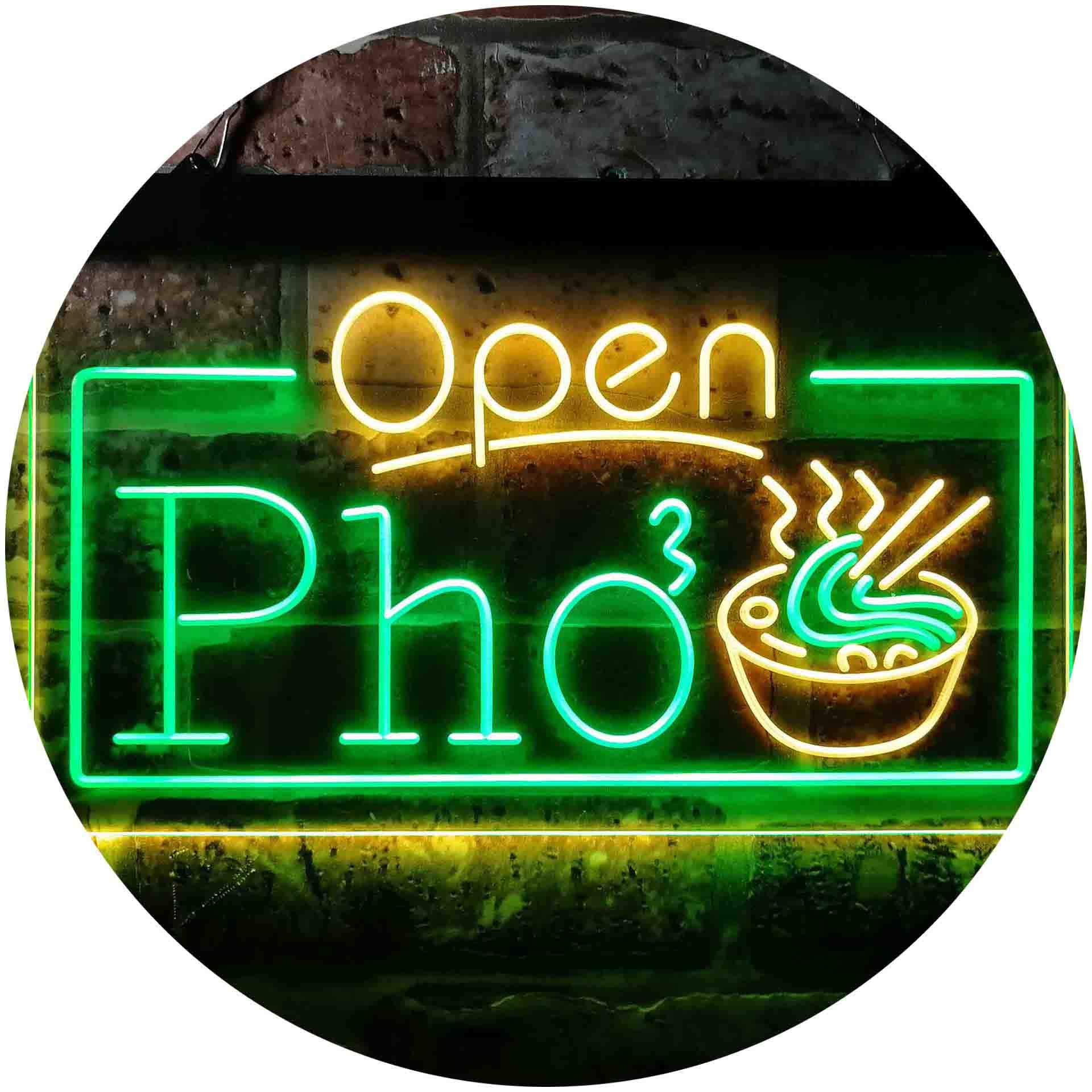 ADVPRO Open Pho Vietnam Noodles Shop Dual Color LED Neon Sign - Green & Yellow Wall Decor (24x16 Inches) for Restaurant, Bar, Cafe & Home Decoration