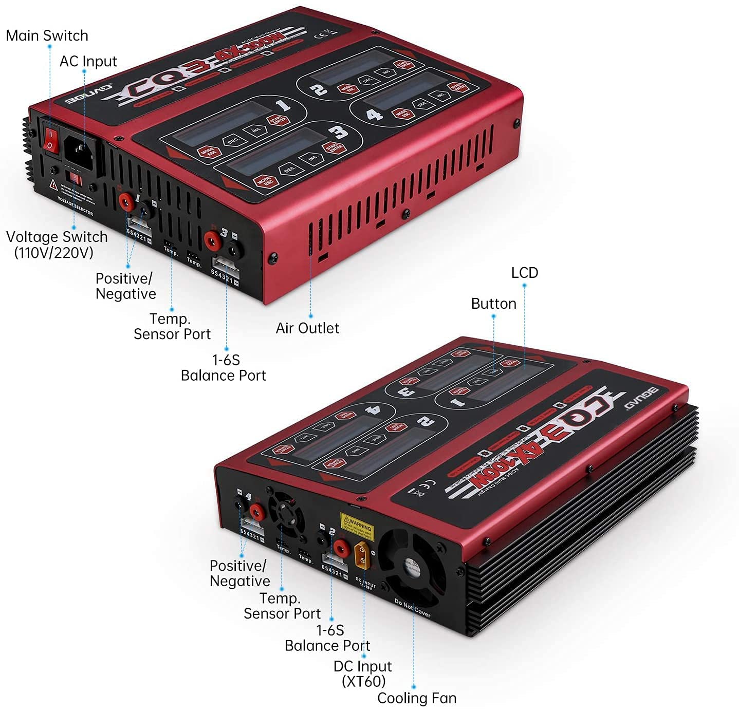 4-Port 100Wx4/10Ax4 AC/DC RC LiPo Battery Charger Discharger with Intelligent Balance Charging - Includes 10pcs Battery Power Display Indicator Slider Markers - Perfect for LiPo/LiHV/Li-ion Rechargeable Batteries - Ideal for RC Cars, Drones, and DIY Electronics Projects